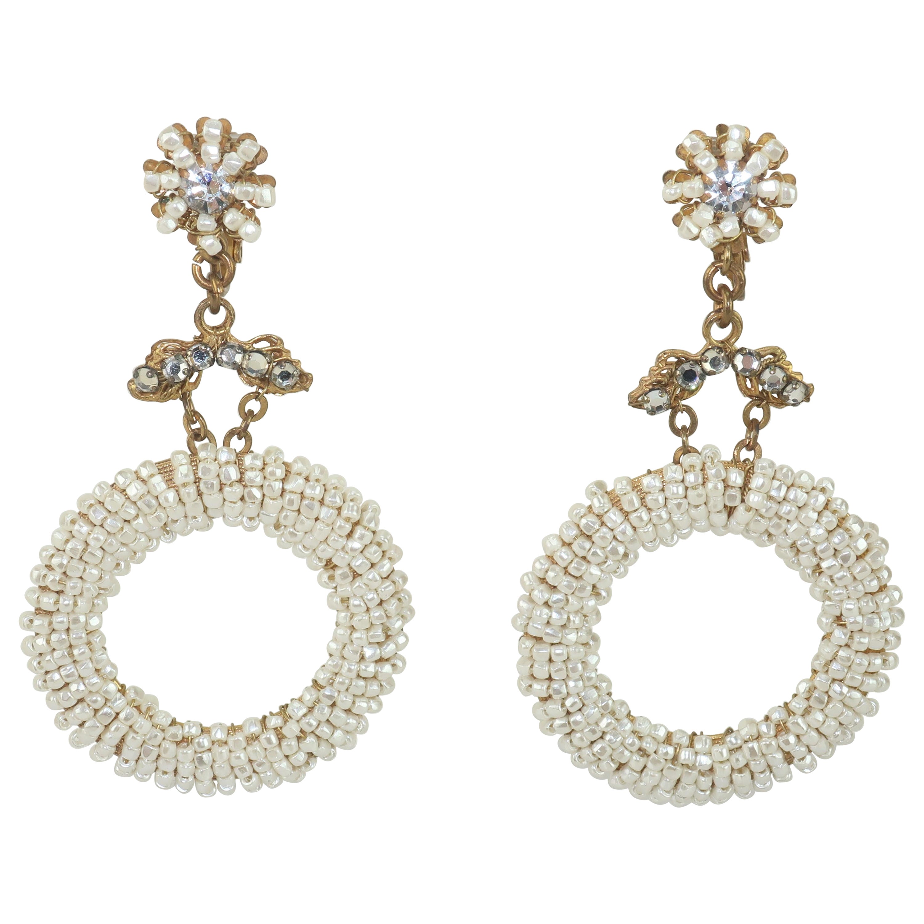 Miriam Haskell Pearl & Crystal Rhinestone Hoop Earrings, C.1960 For Sale