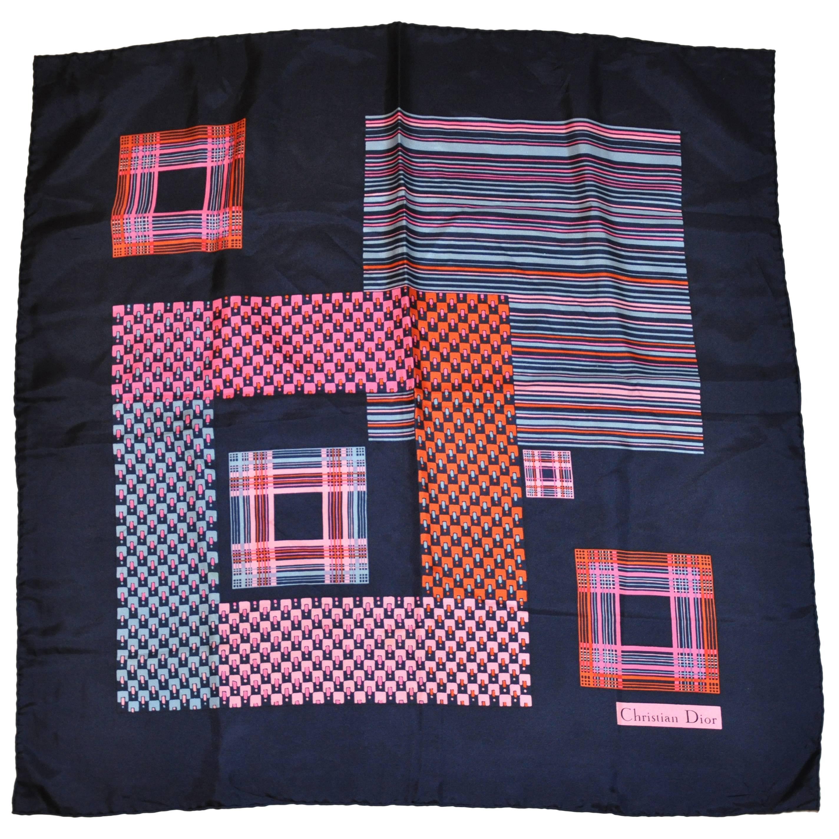 Christian Dior Navy with Multi-Color "Blocks & Stripes" Silk Scarf For Sale