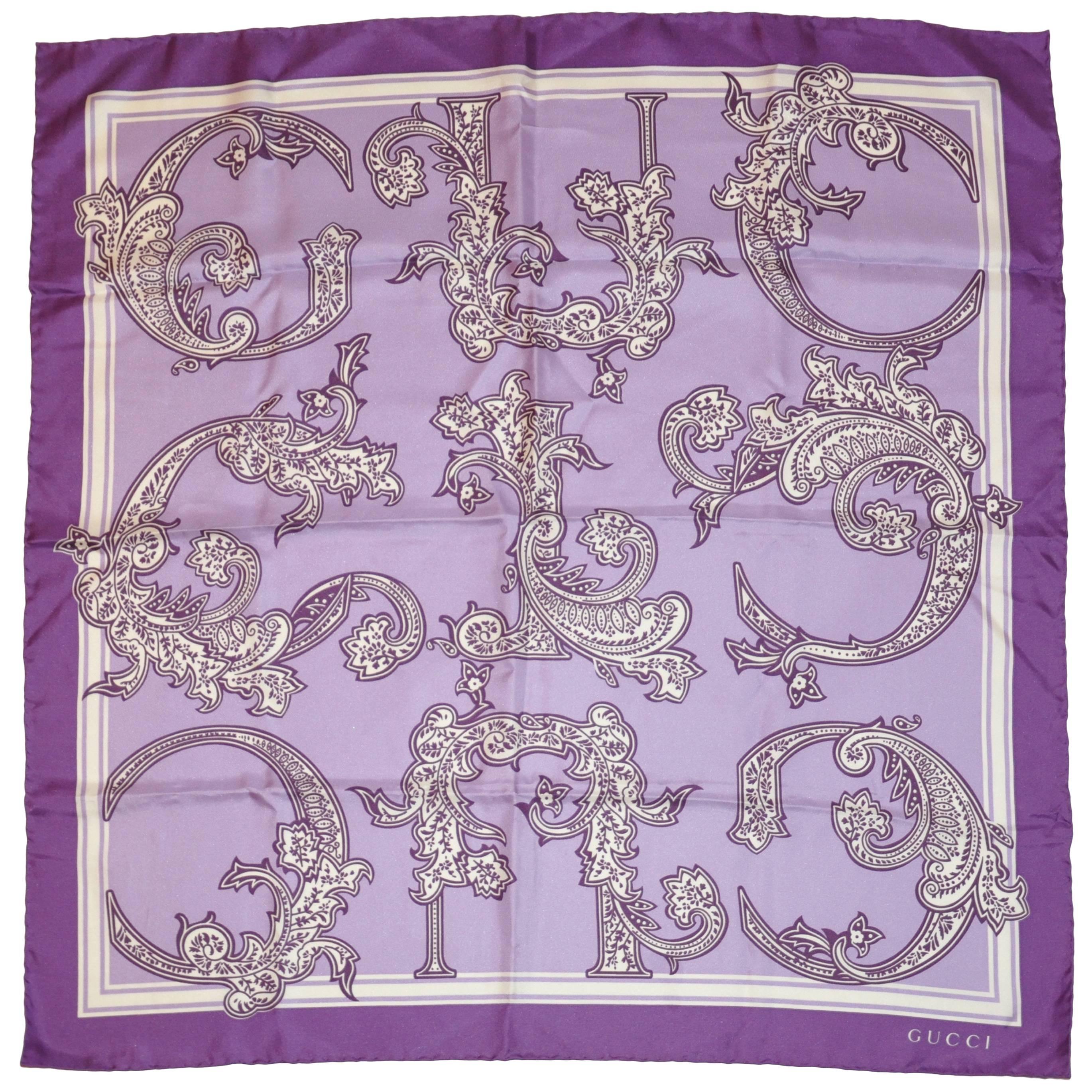 Gucci "Shades of Purple" Palsey "Logo" Silk Scarf For Sale