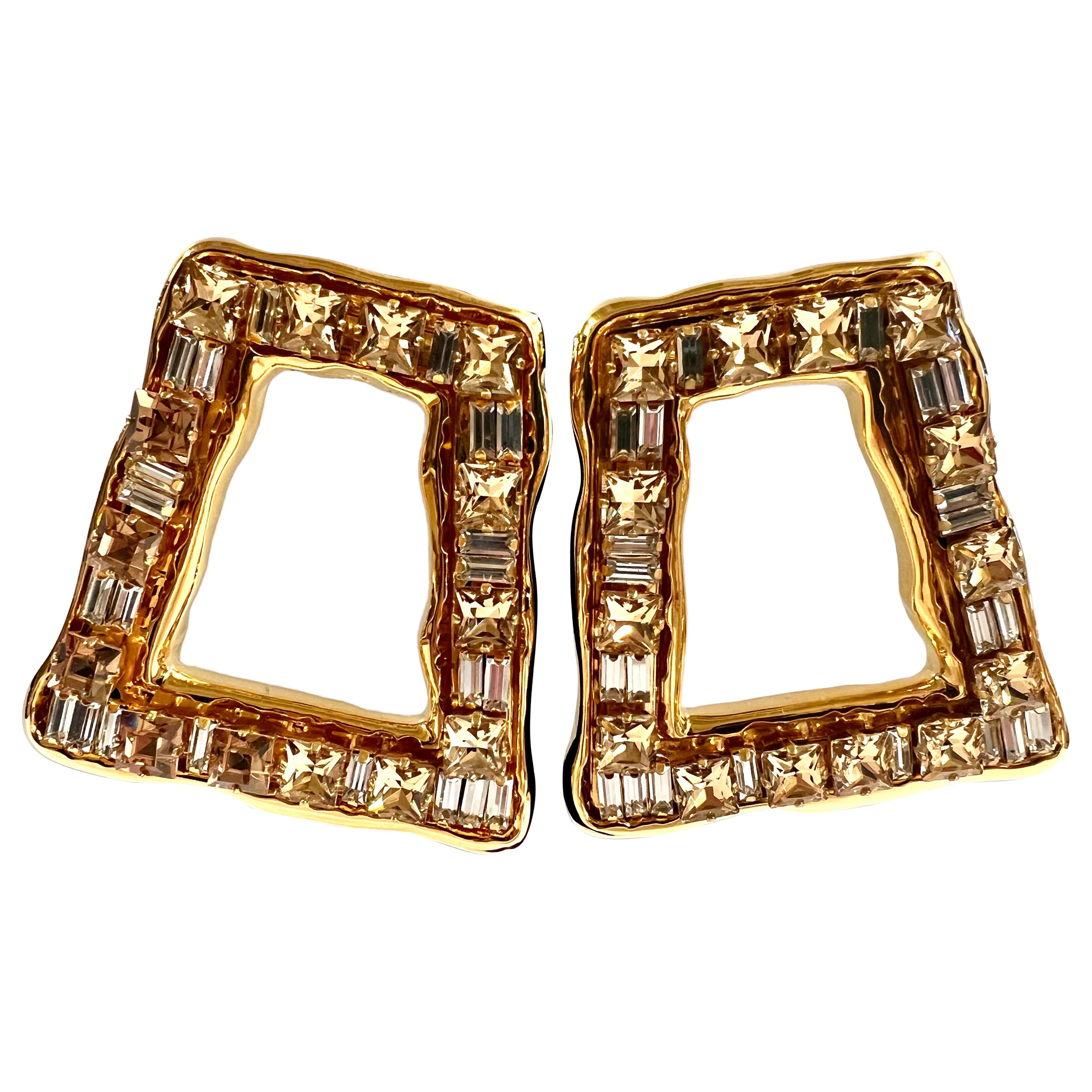 Large Contemporary "Metal Dore" Gold Embellished Rhinestone Geometric Earrings 