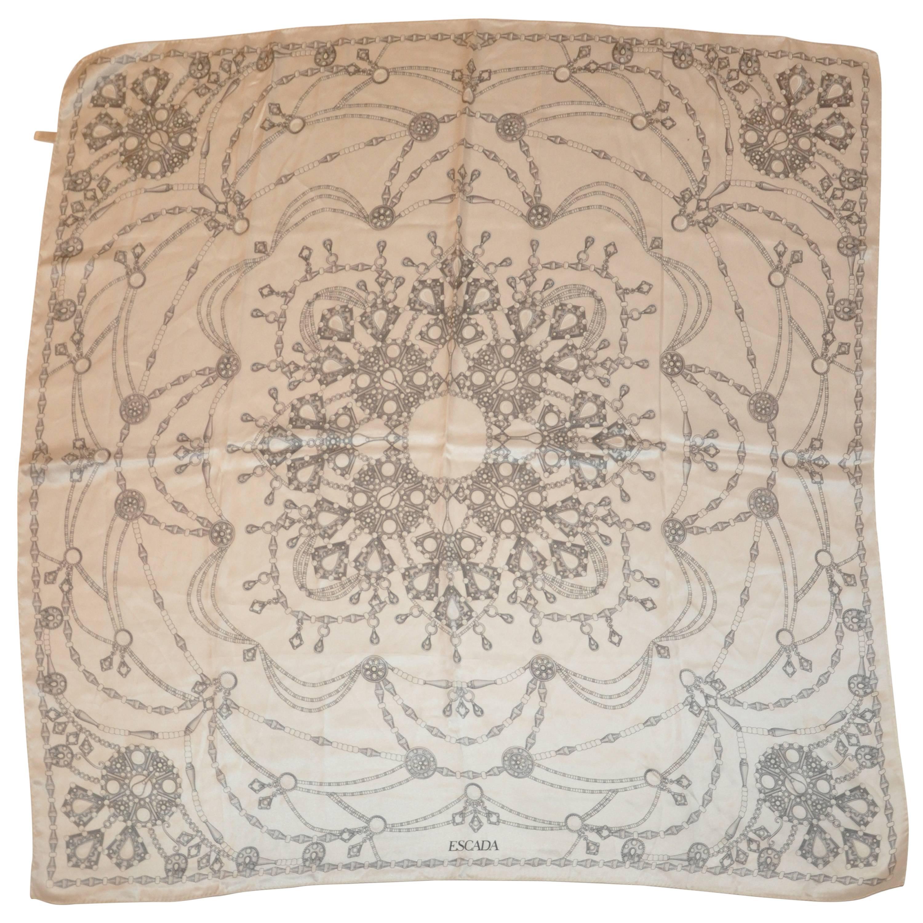 Escada Ivory & Gray "Multiple Jewels" Silk Scarf For Sale