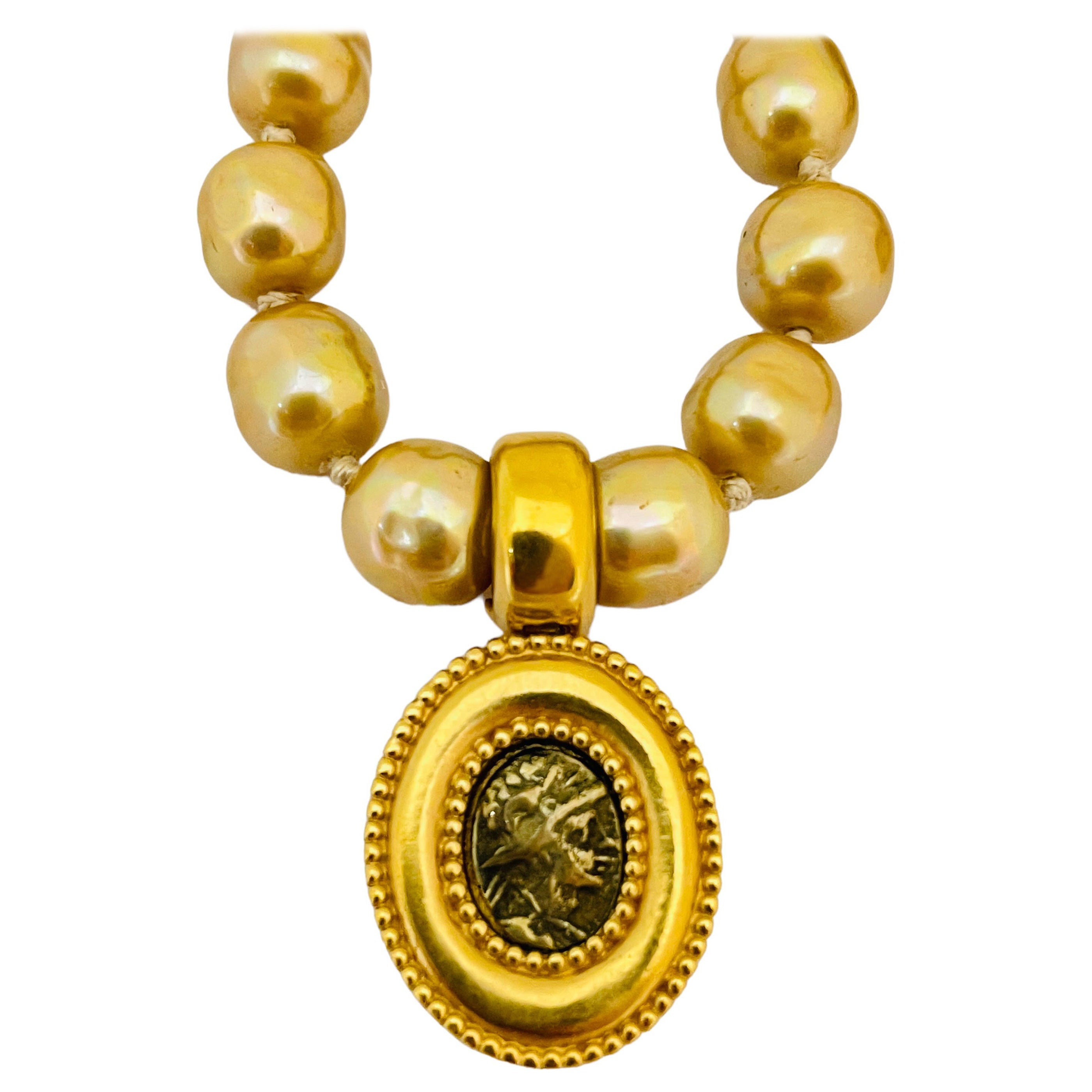 Vintage CAROLEE gold glass pearls Etruscan coin designer runway necklace