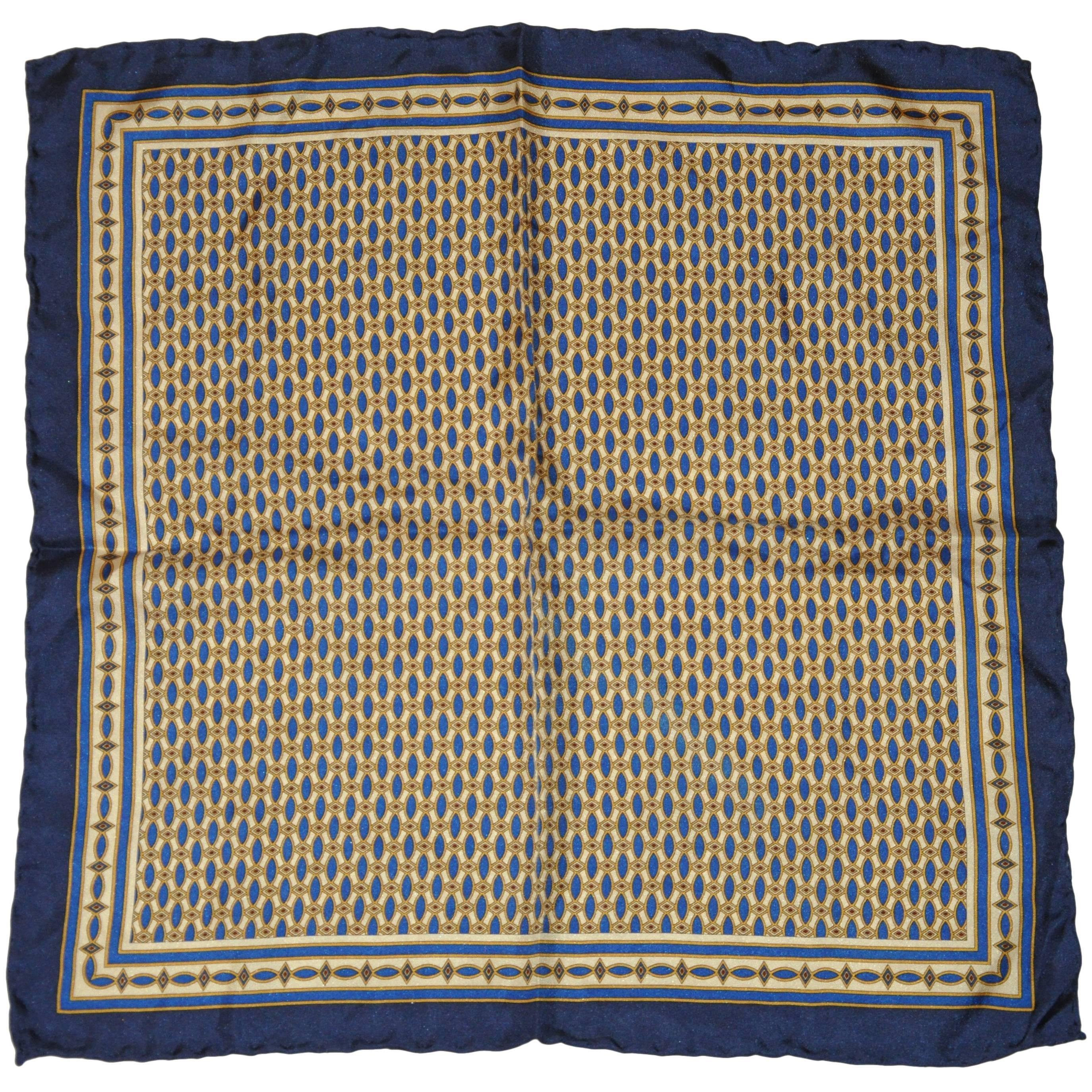 Navy & Beige Men's Silk Handkerchief For Sale