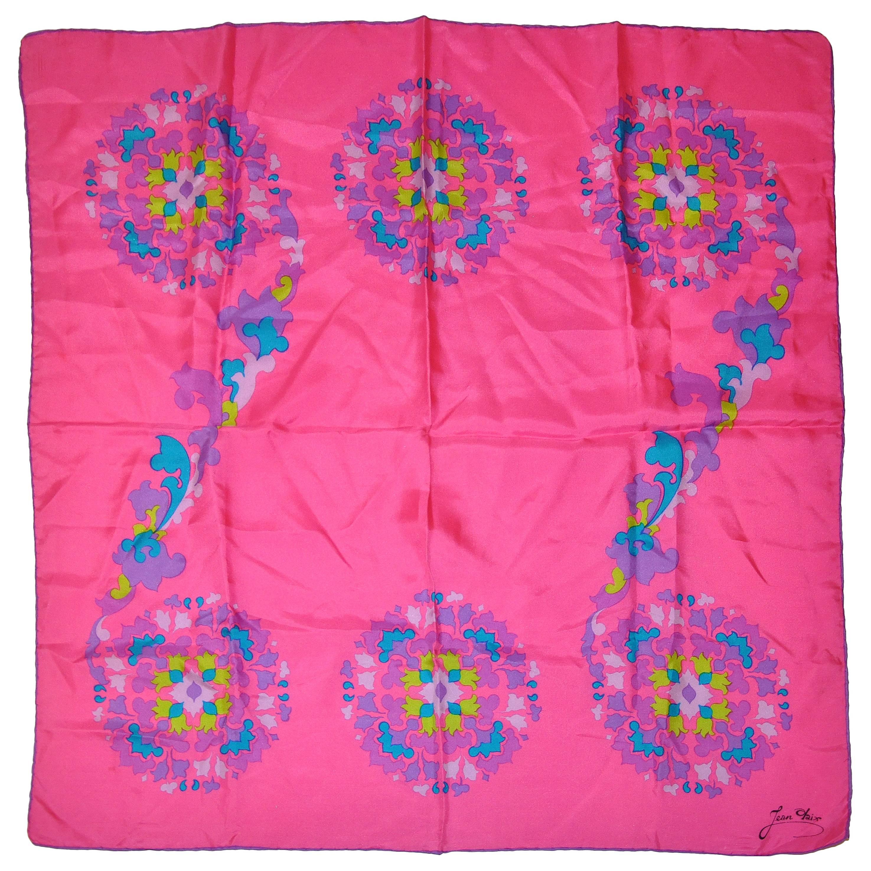 Jean Olaix of Paris Bold Multi-Color Fuchsia Silk Scarf For Sale