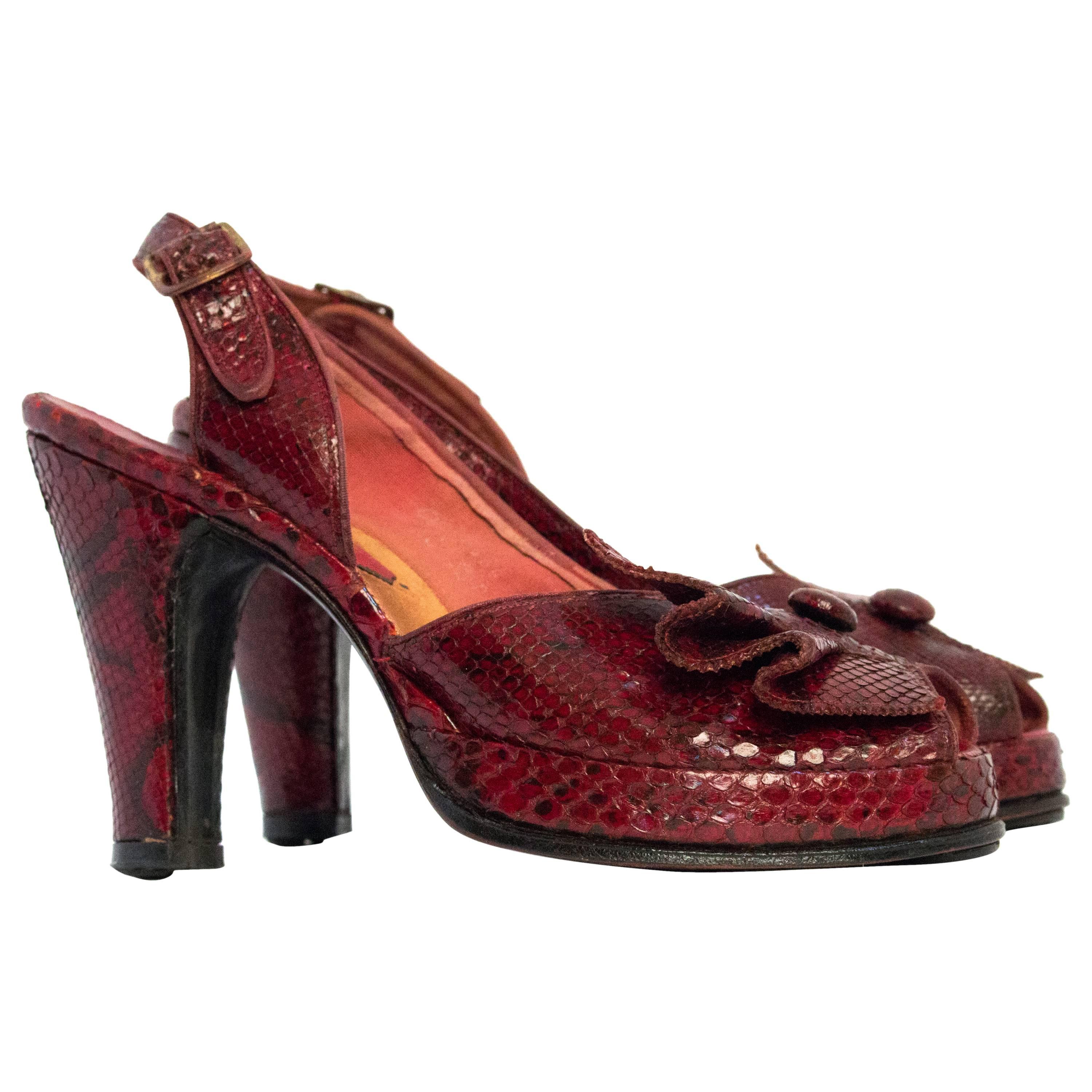 40s Red Snakeskin Peep-toe Slingback Platforms  For Sale