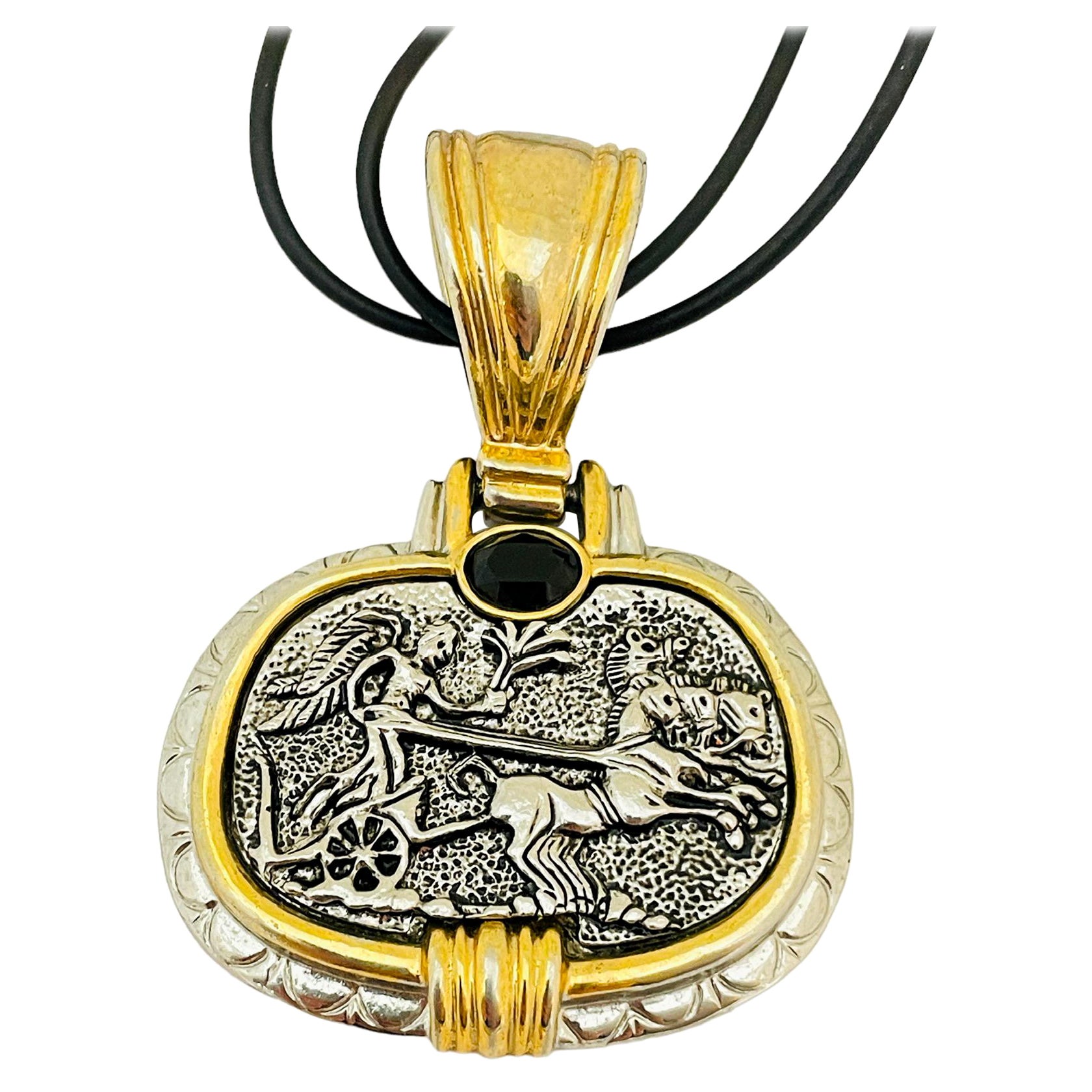 Vintage gold silver coin designer runway necklace For Sale