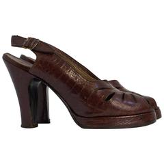 40s Sienna Brown Peep Toe Platforms with Cutouts Size 6 9