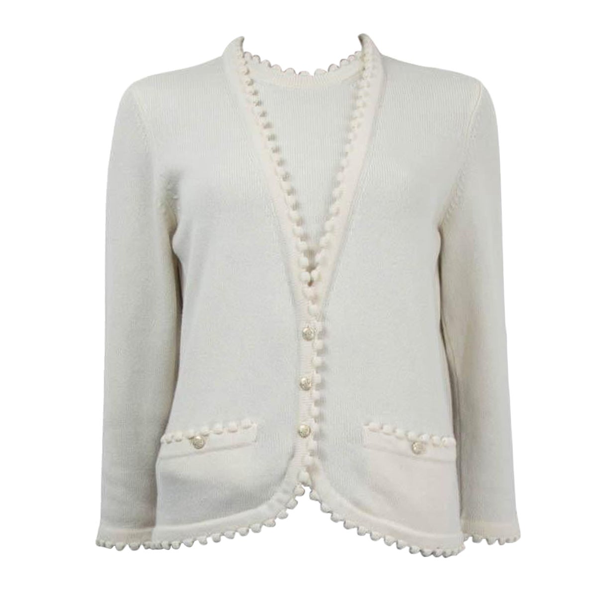 CHANEL ivory cashmere 2018 18B POMPOM TRIM FAUX TWINSET Sweater 40 M For Sale