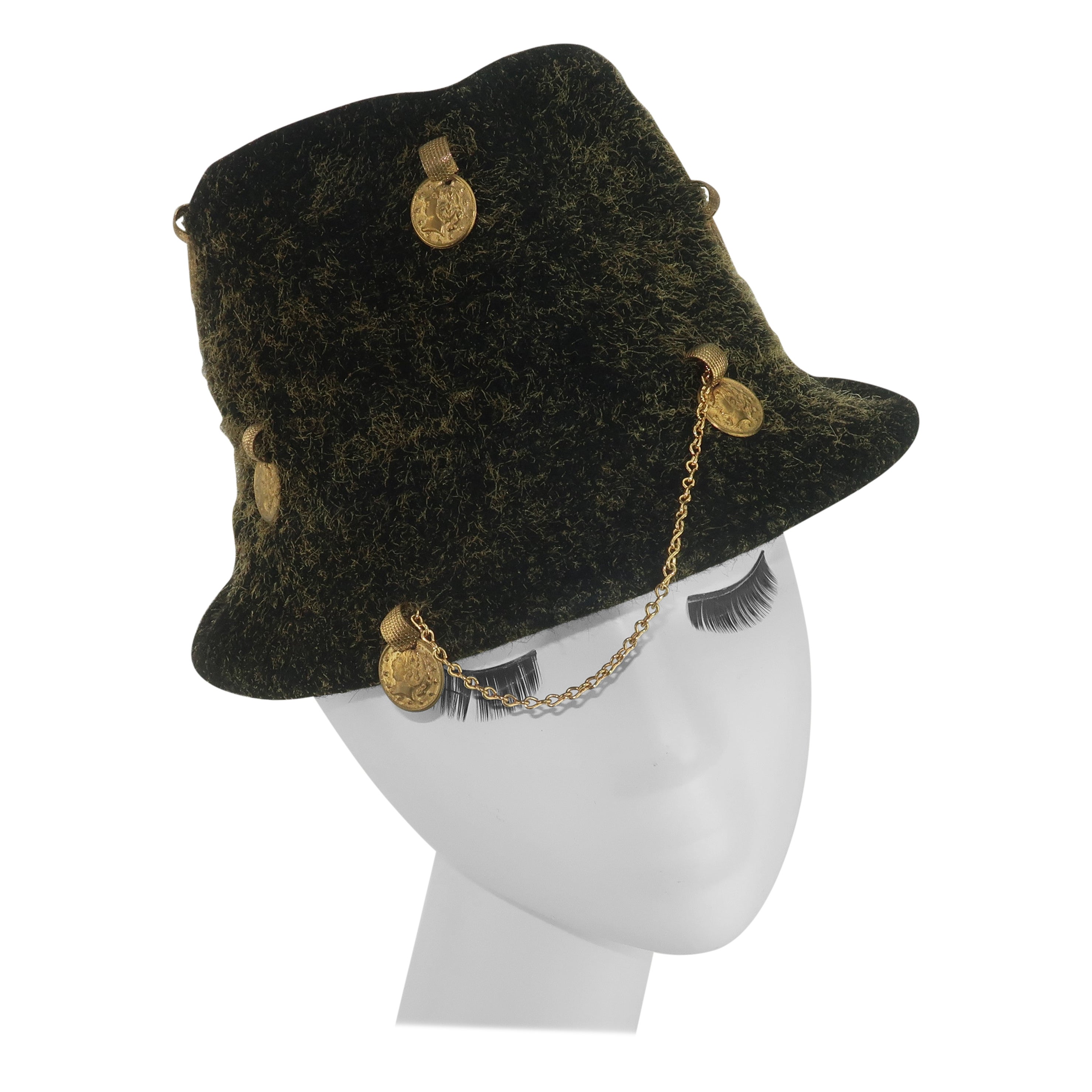 Yves Saint Laurent Charcoal Gray Trilby Hat With Gold Coins, 1960's
