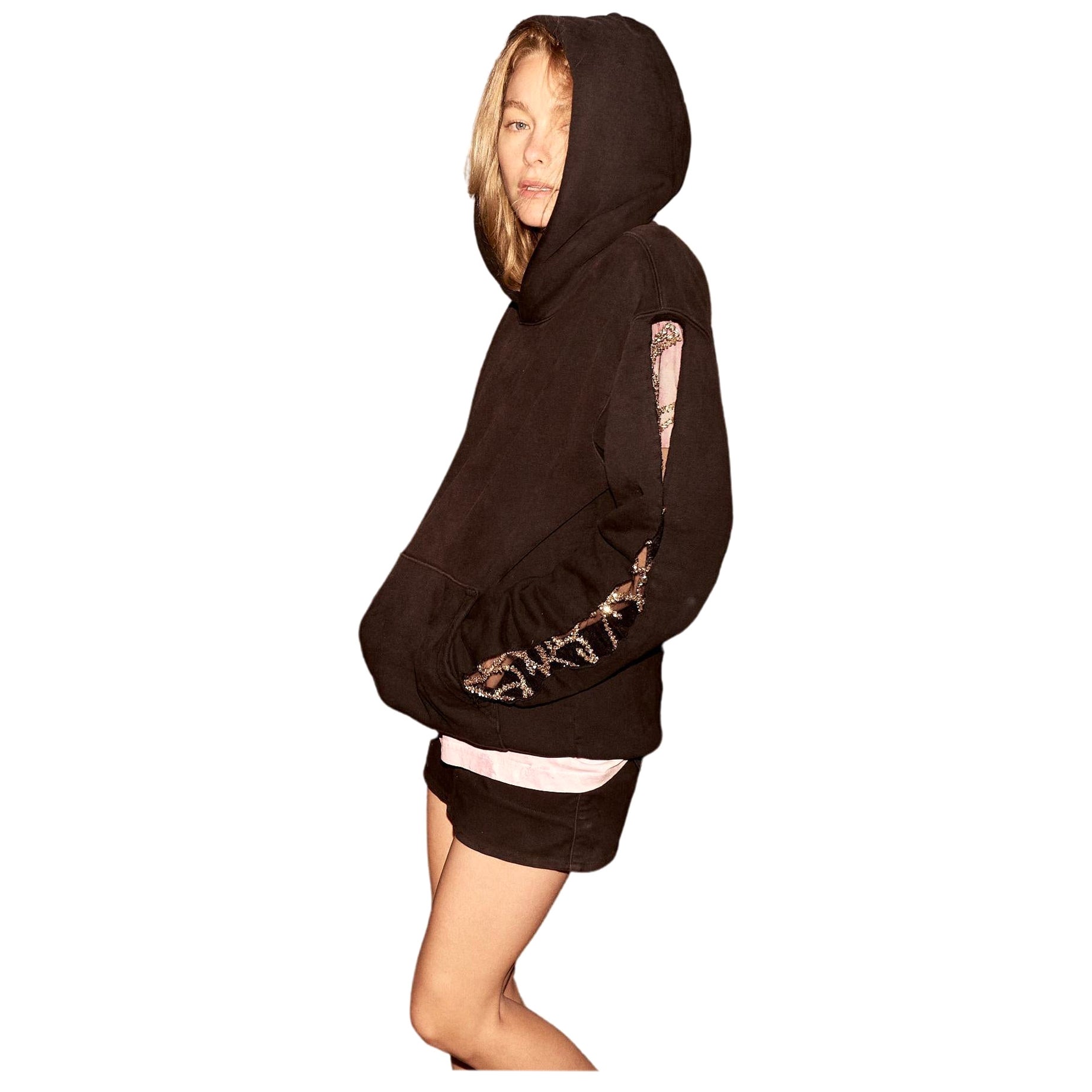 Black Hoodie Sweatshirt Transparent Sheer Mesh Chrystal Embroidery J Dauphin