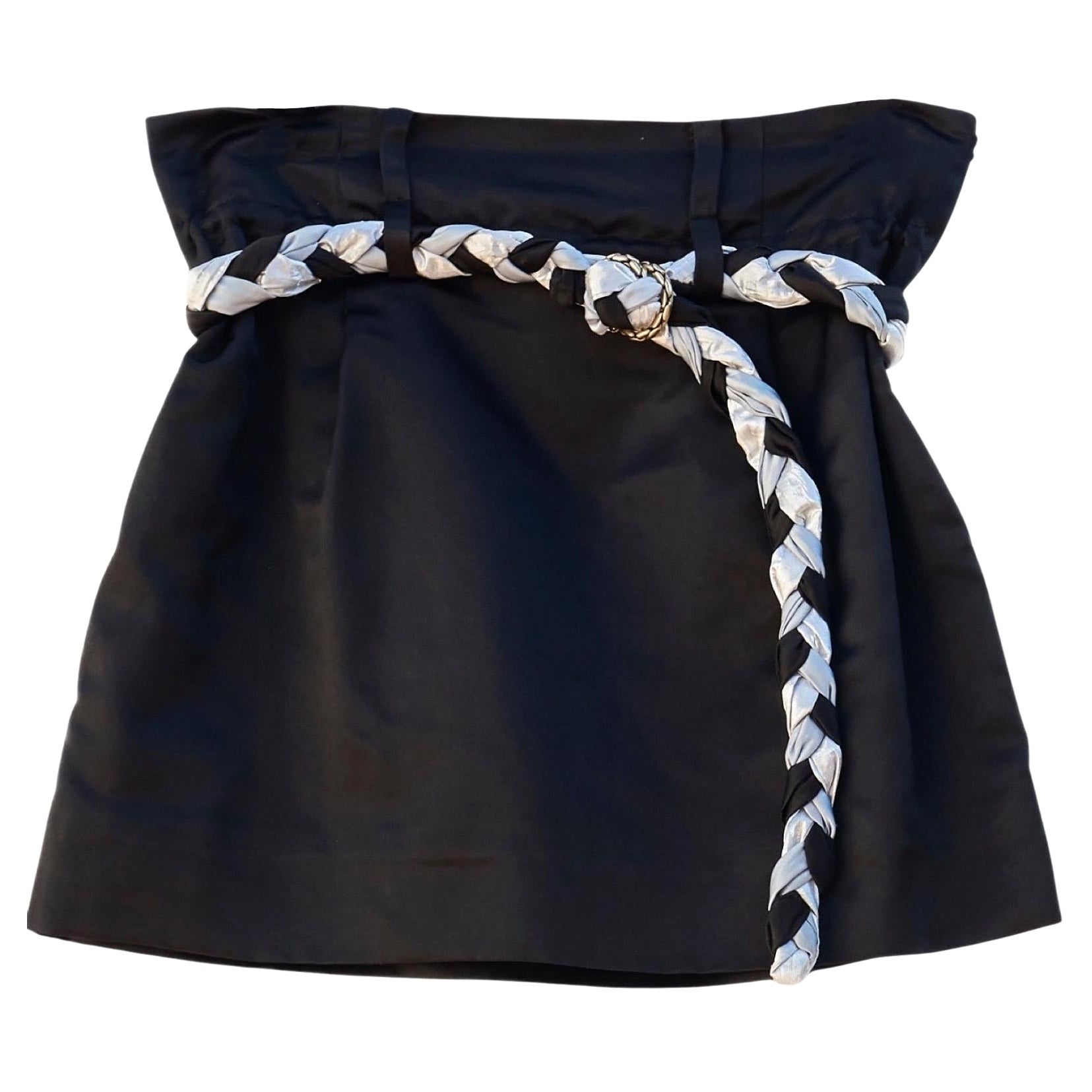 Mini Skirt Black Duchesse Satin Silk Braided Belt X Small For Sale