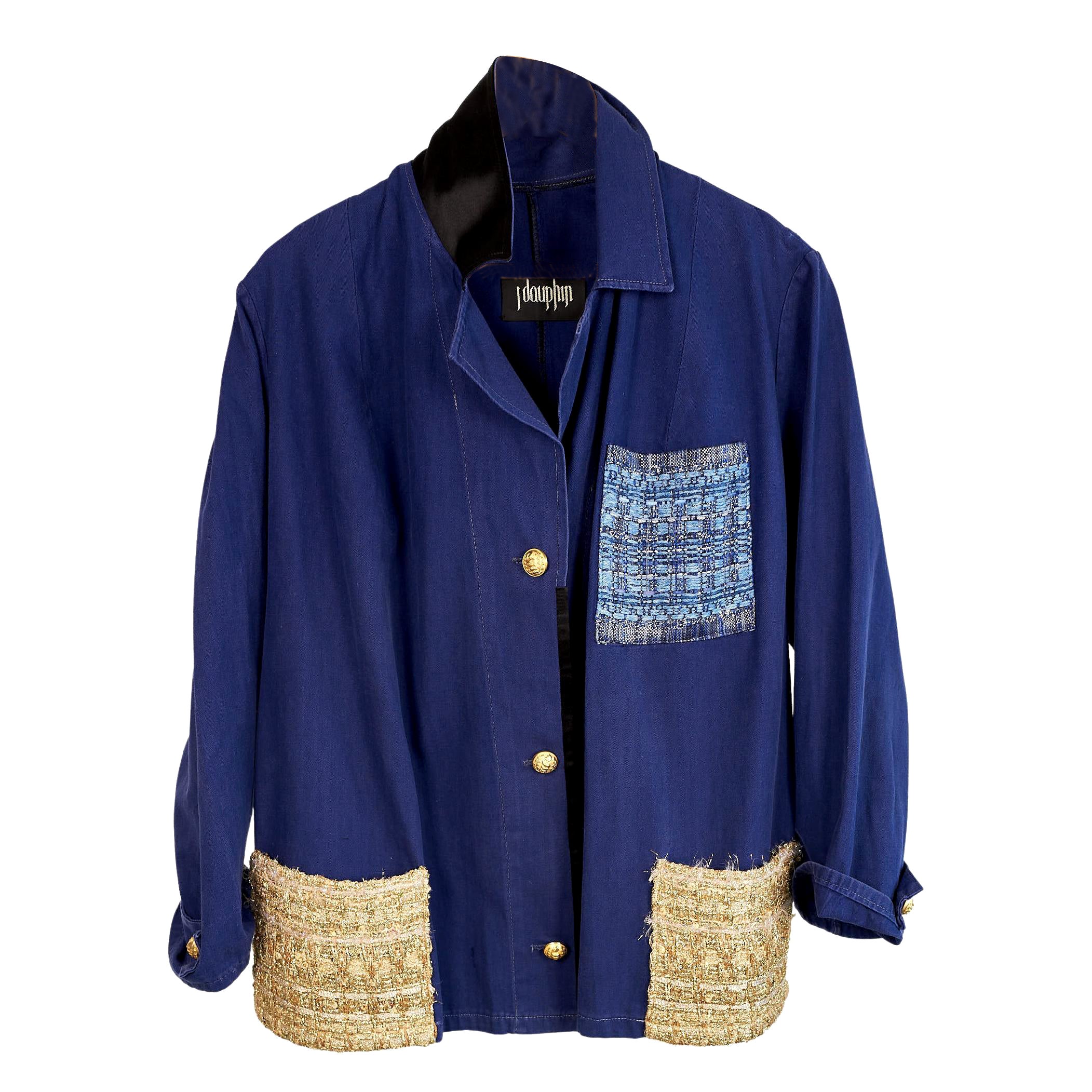 Blue Jacket Gold Lurex Tweed Jacket Work Wear France Repurposed Medium For Sale