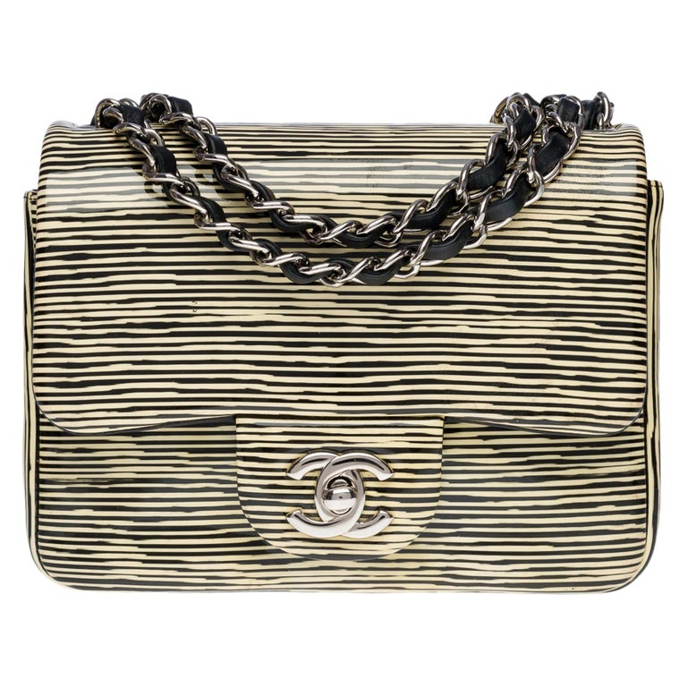 Chanel Timeless Mini Flap bag in black & yellow striped patent leather,SHW For Sale