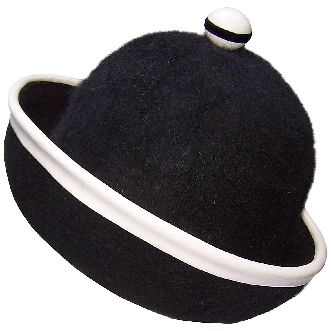 C.1960 Henry Pollak Mod Black Mohair Hat With White Leather Trim