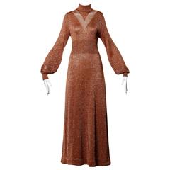 1970s Wenjilli Vintage Slinky Bronze Metallic Knit Maxi Dress
