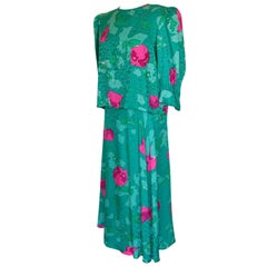 Flora Kung 2pc Emerald + Pink Silk Floral Blouse + Skirt Ensemble Size 8 1980s