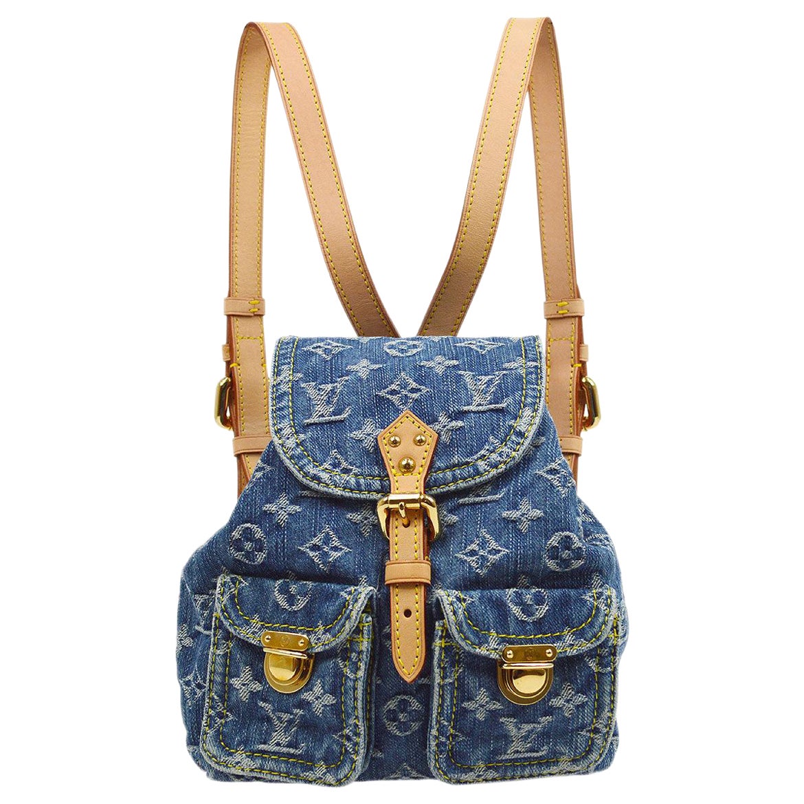 LOUIS VUITTON Monogram Denim Logo Gold Tan Leather Backpack Shoulder Bag For Sale