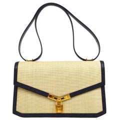 HERMES Tan Crinoline Blue Navy Ostrich Exotic Trim Gold Shoulder Flap Bag