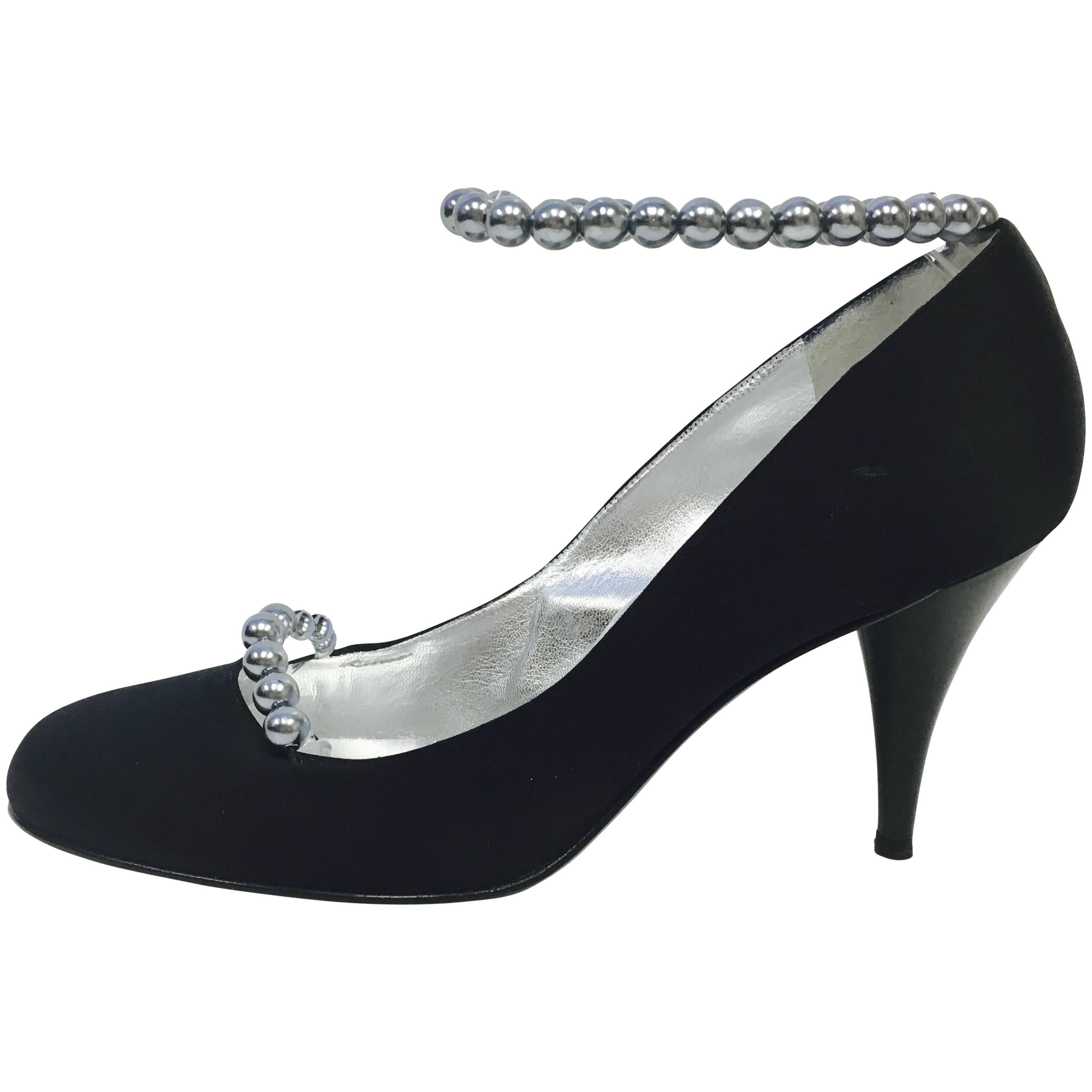 CHANEL 05P Black Satin Faux-Pearl Ankle Strap Pumps Size 39