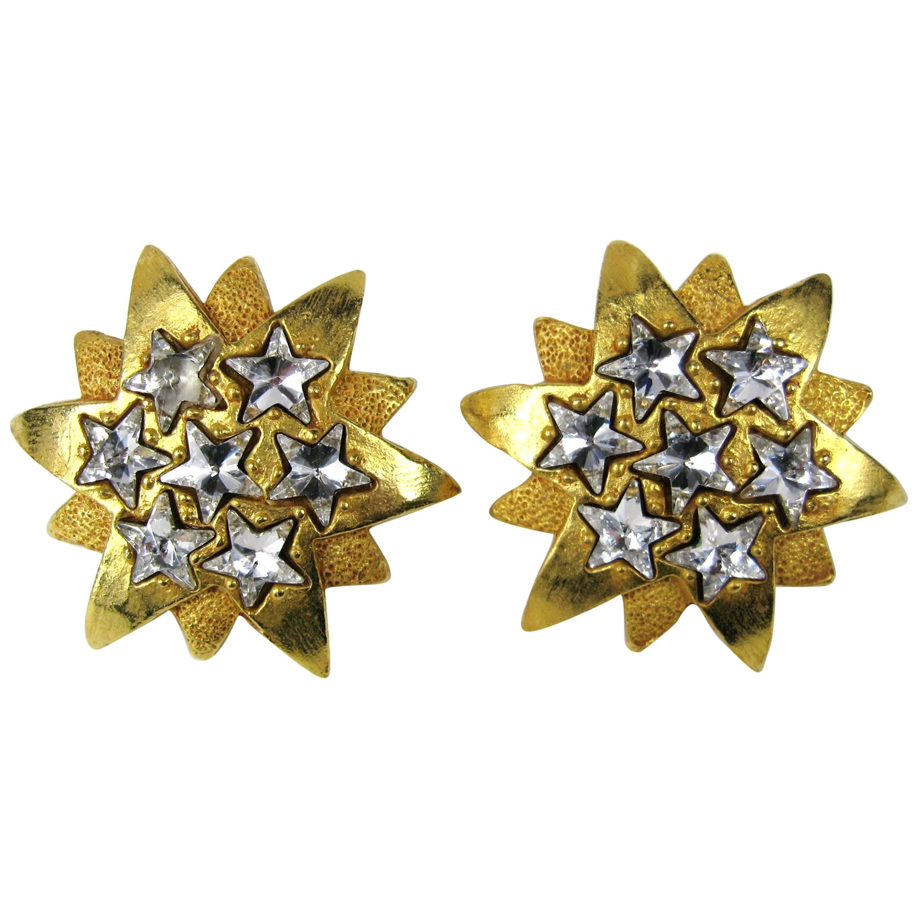 Dominique Aurientis Gold Gilt Star Massive Earrings New, Never worn 1980's  For Sale