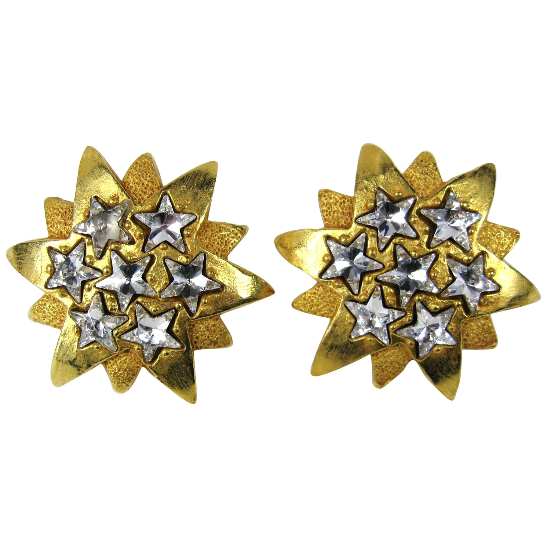 Dominique Aurientis Gold Gilt Star Massive Earrings New, Never worn 1980's For Sale