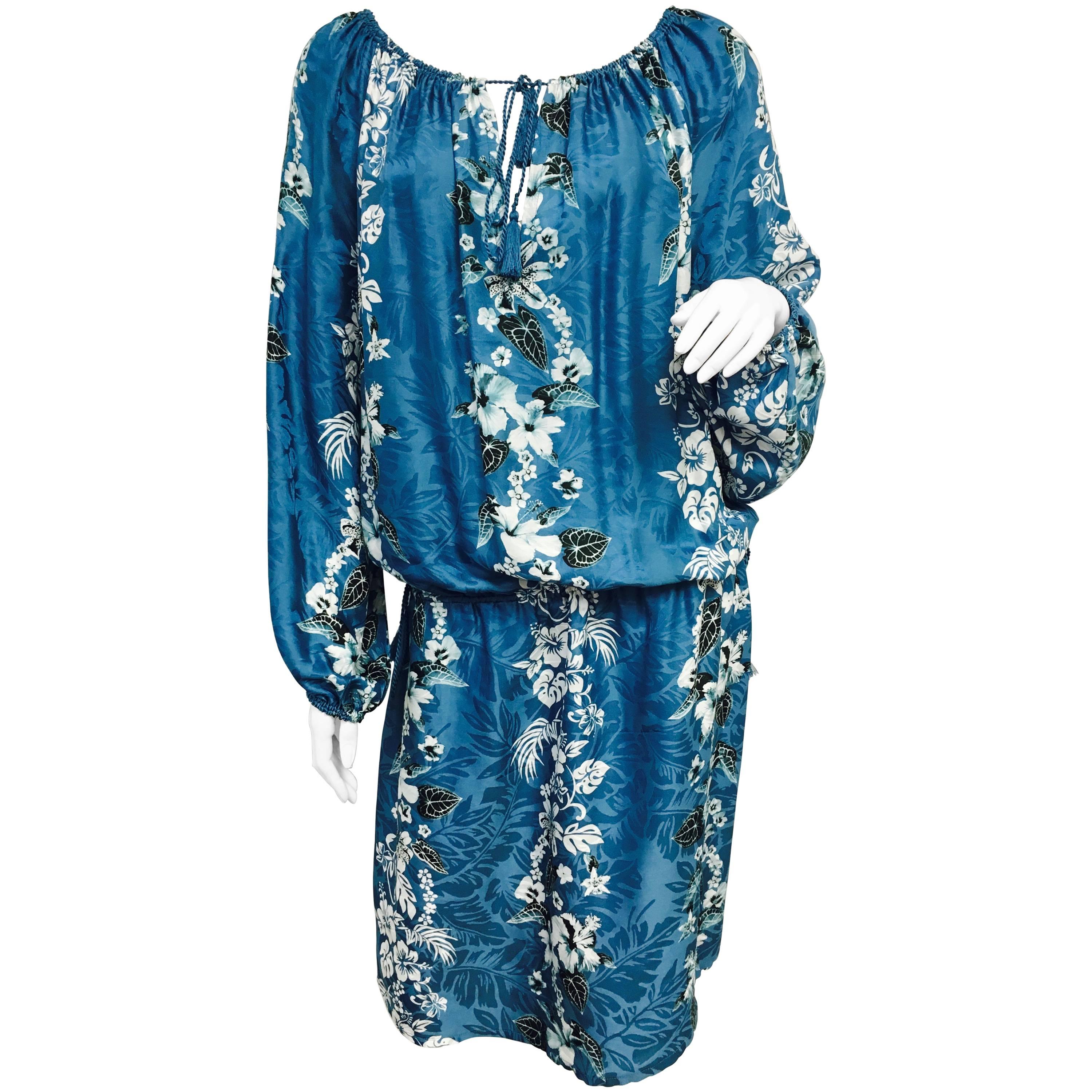 Jean Paul Gaultier Blue Hawaiian Print Blouson Dress Size 8 For Sale