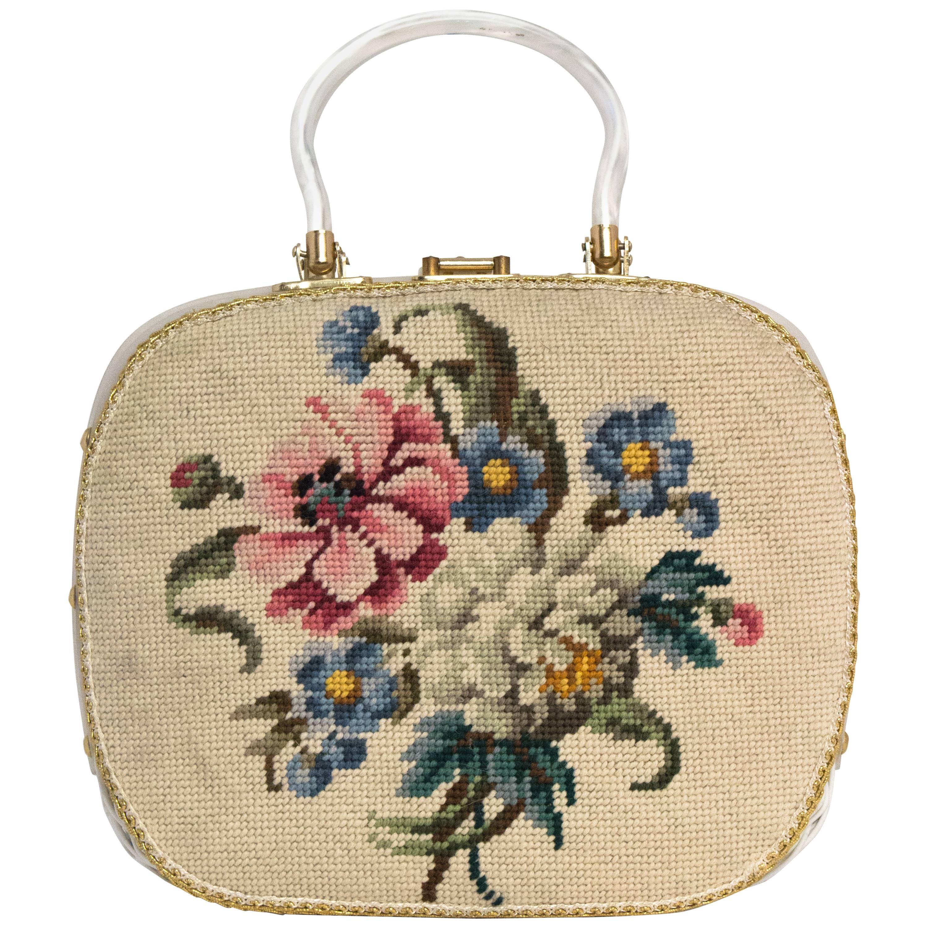 60s Floral Needle Point Lucite Handbag 