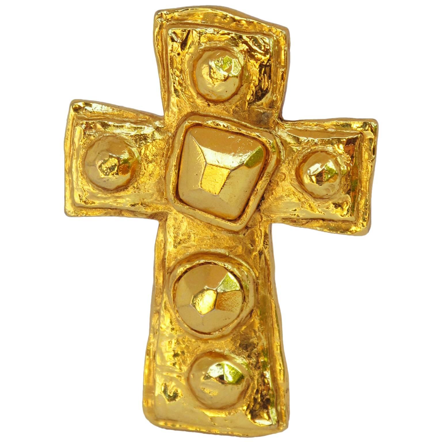 Christian Lacroix Pin Brooch Pendant oversized Gilt Metal Modernist Cross