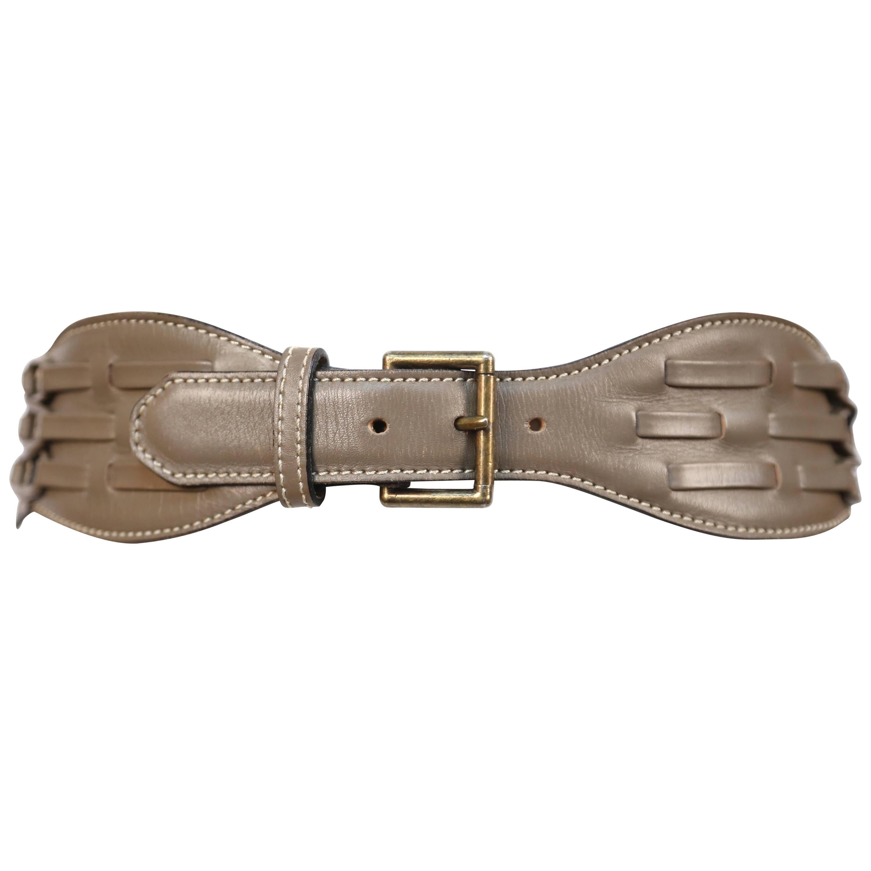 1980's AZZEDINE ALAIA taupe leather corset belt with woven detail