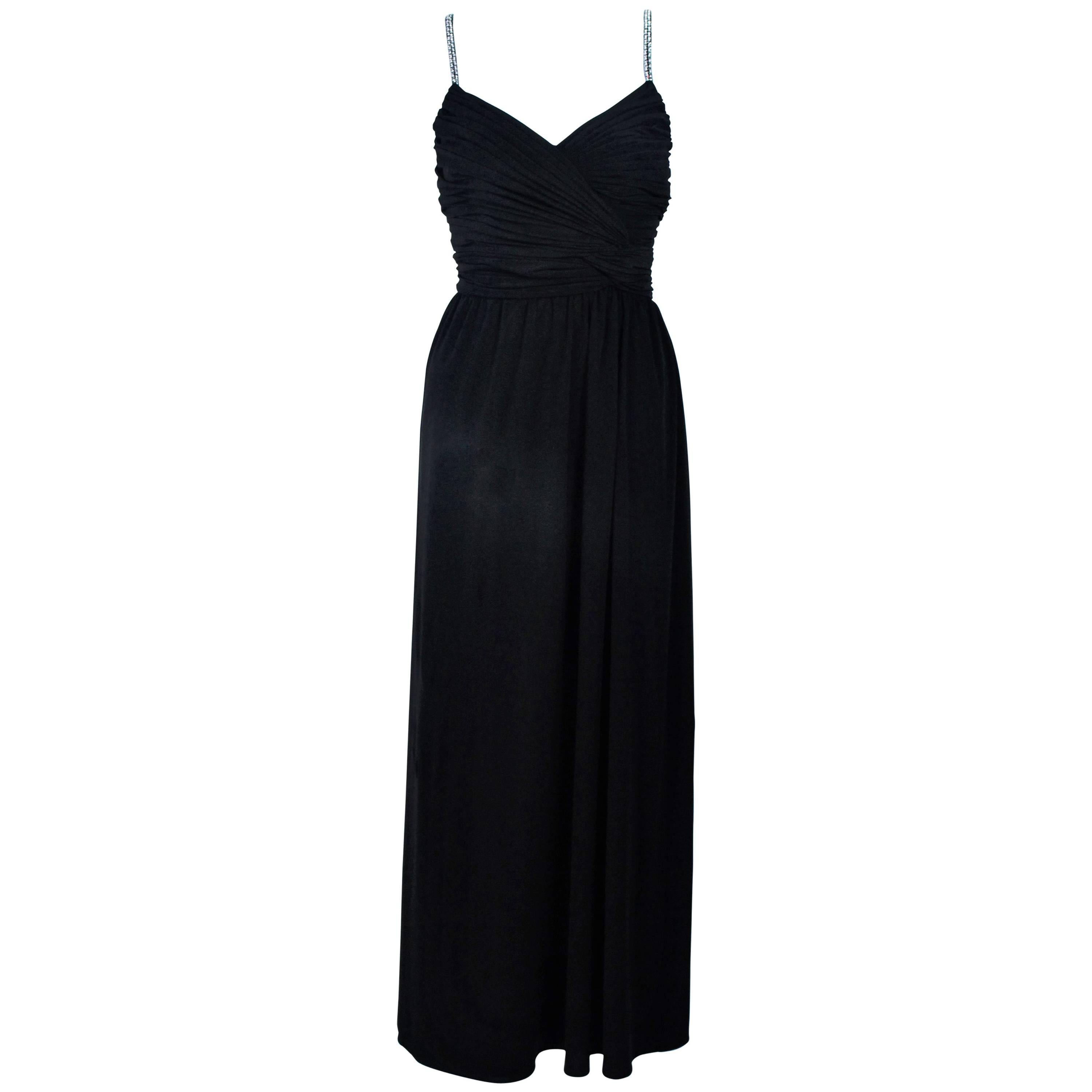 VICTORIA ROYAL Black Draped Jersey Gown with Rhinestone Straps 4 For Sale