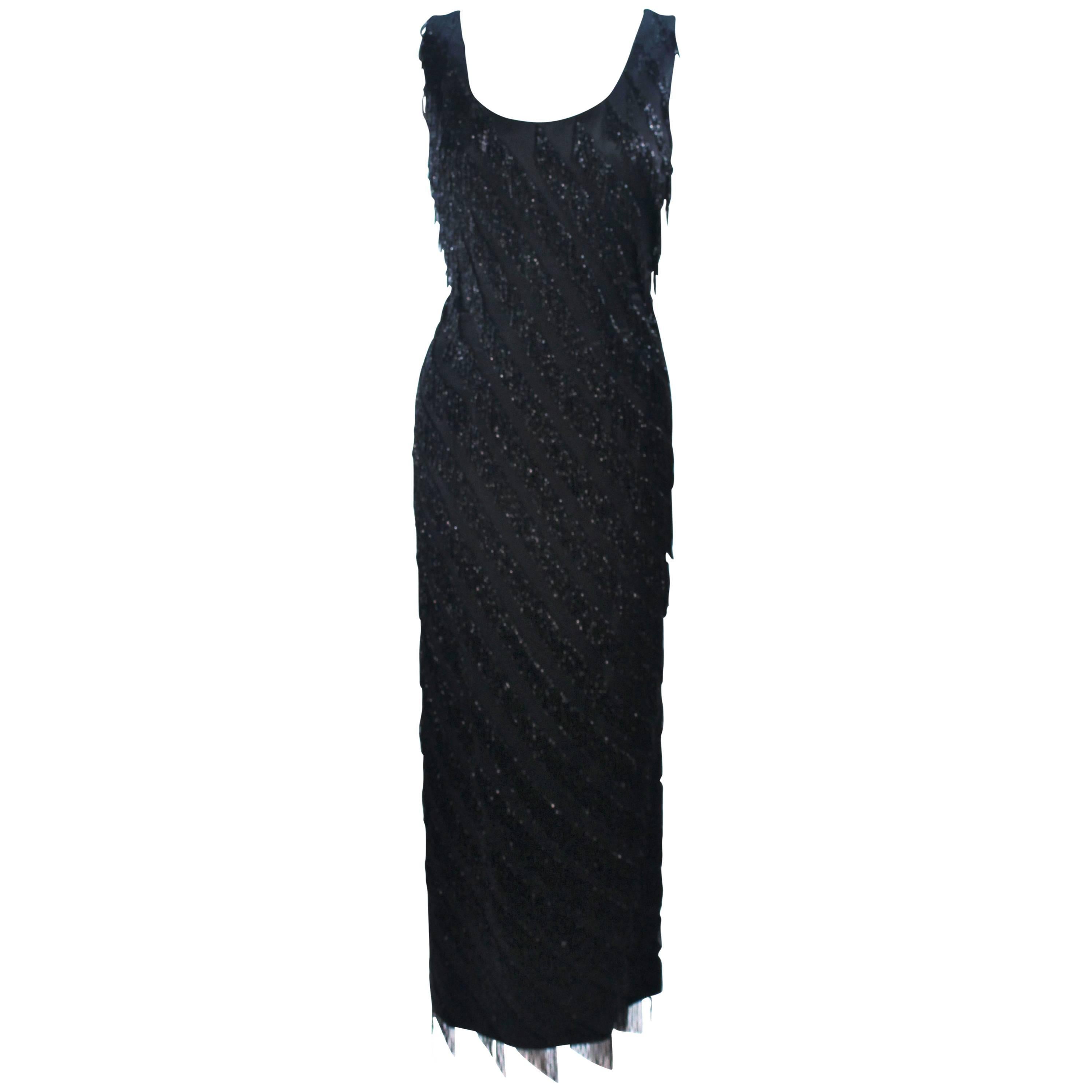 PAULINE SHEN Black Silk Asymmetrical Beaded Fringe Gown Size 2 4 For Sale