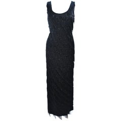 Vintage PAULINE SHEN Black Silk Asymmetrical Beaded Fringe Gown Size 2 4