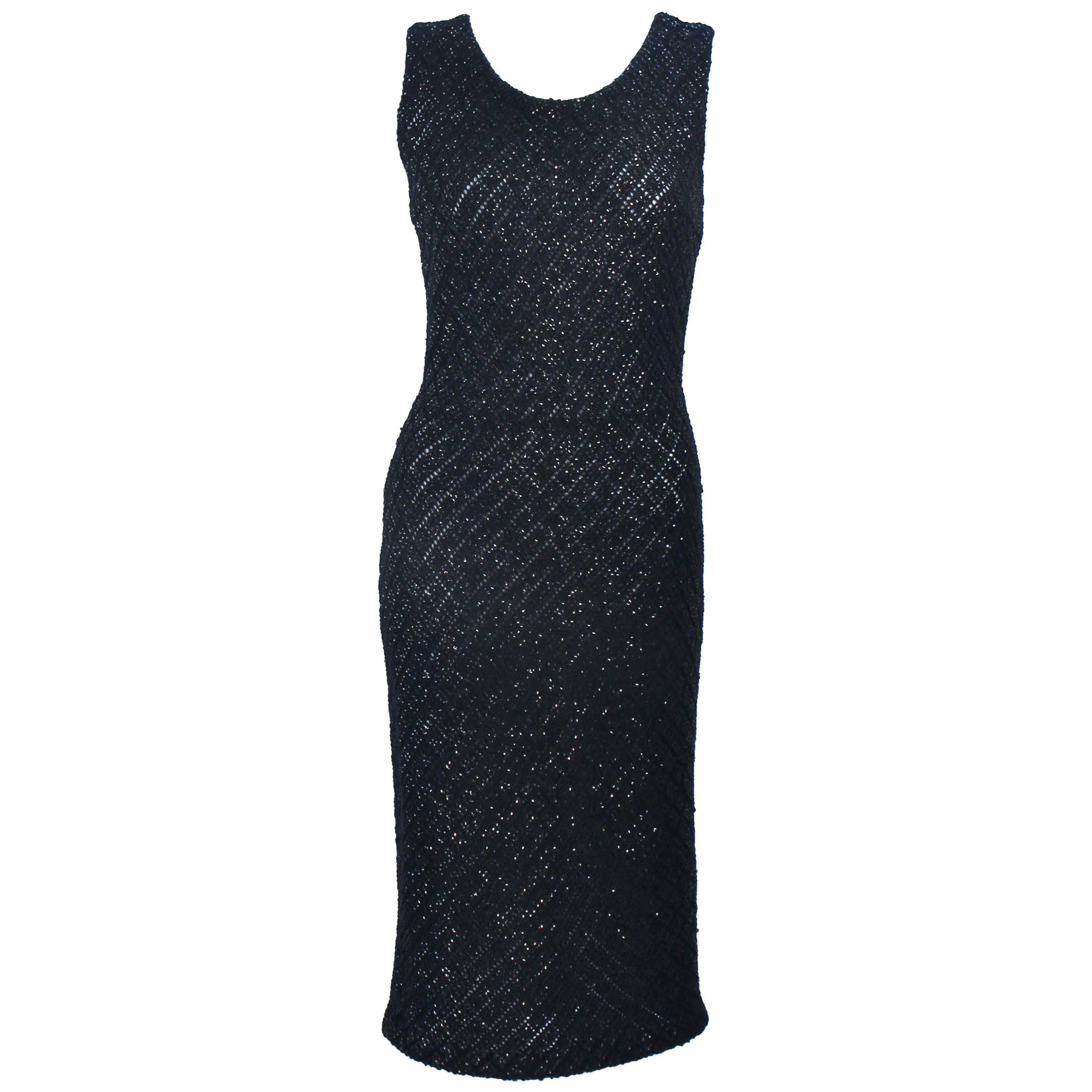 1960's Embellished Black Wool Knit Cocktail Dress with Diamond Pattern Size 6 For Sale