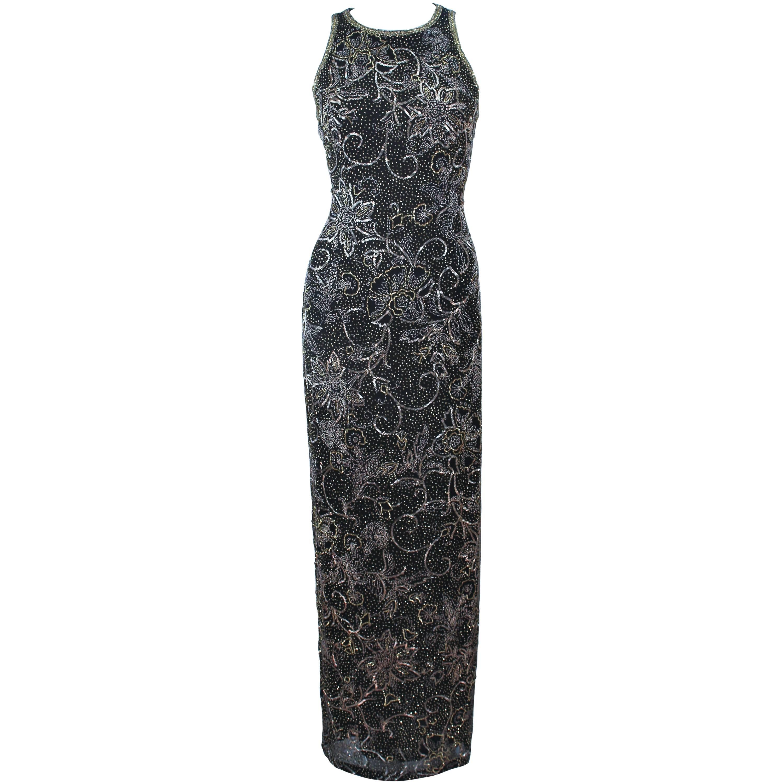 OLEG CASSINI Black and Gold Beaded Gown Size 8 For Sale