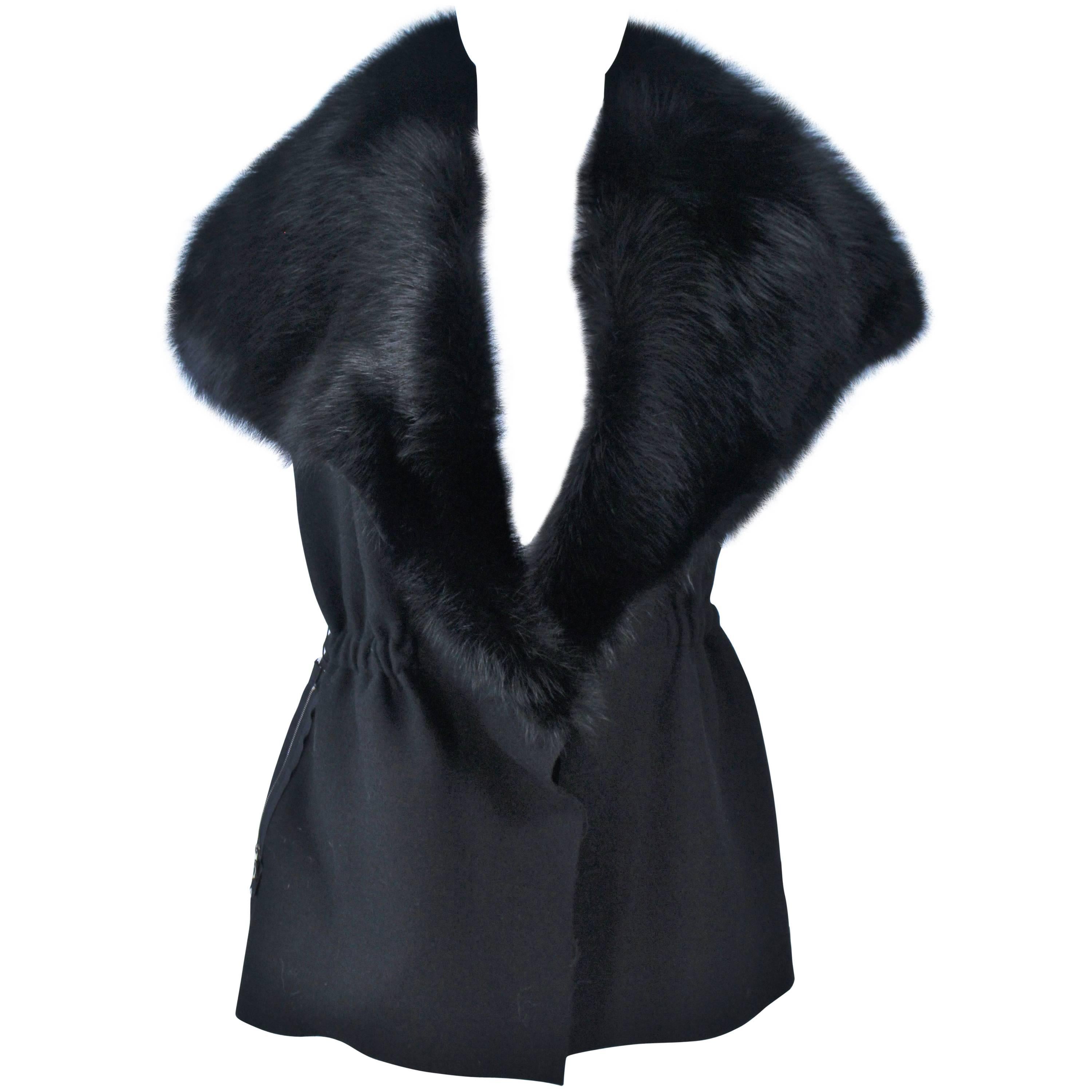 LANVIN Hiver Winter 2009 Black Fisher Fur Collar Wool Fitted Waist Vest Size 38