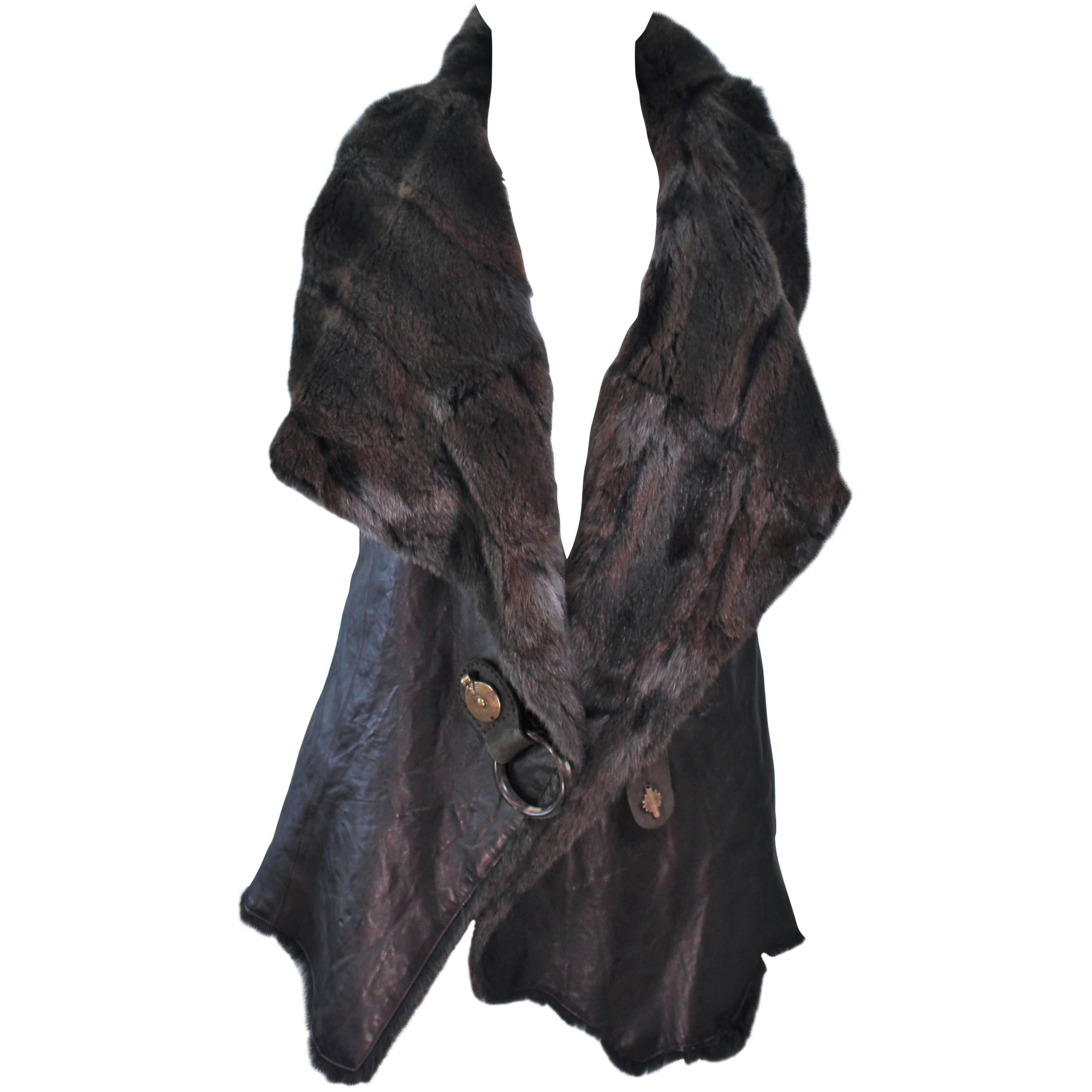 ANNA TRZEBINSKI Brown Leather Drape Collar Fur Vest Size 44 For Sale