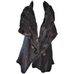 ANNA TRZEBINSKI Brown Leather Drape Collar Fur Vest Size 44