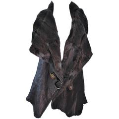 ANNA TRZEBINSKI Brown Leather Drape Collar Fur Vest Size 44 9