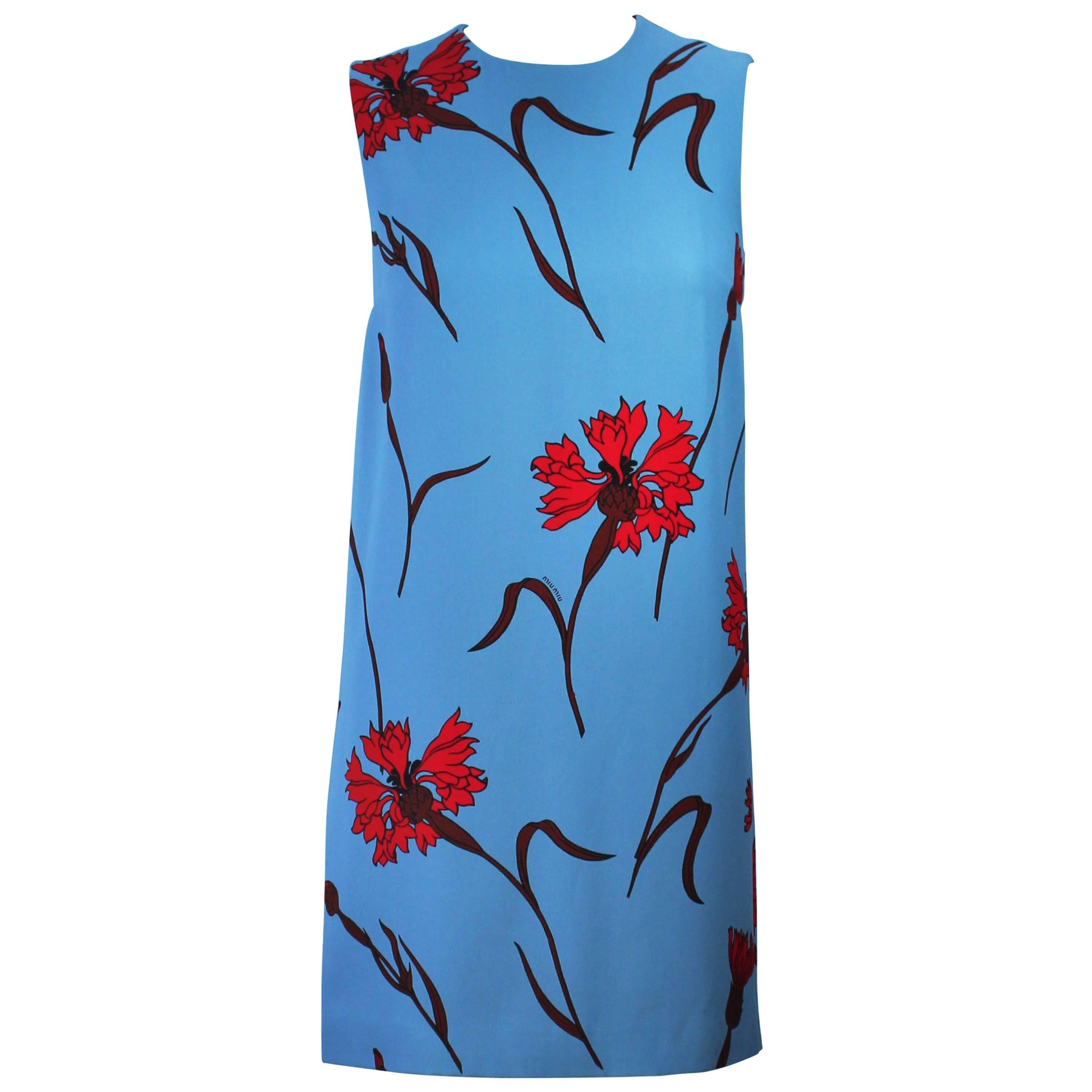 MIU MIU Blue with Red Floral Print Shift Dress Size 36 NWT