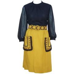 1960's Herman Marcus Muslin & Linen Bohemian Embroidered Dress
