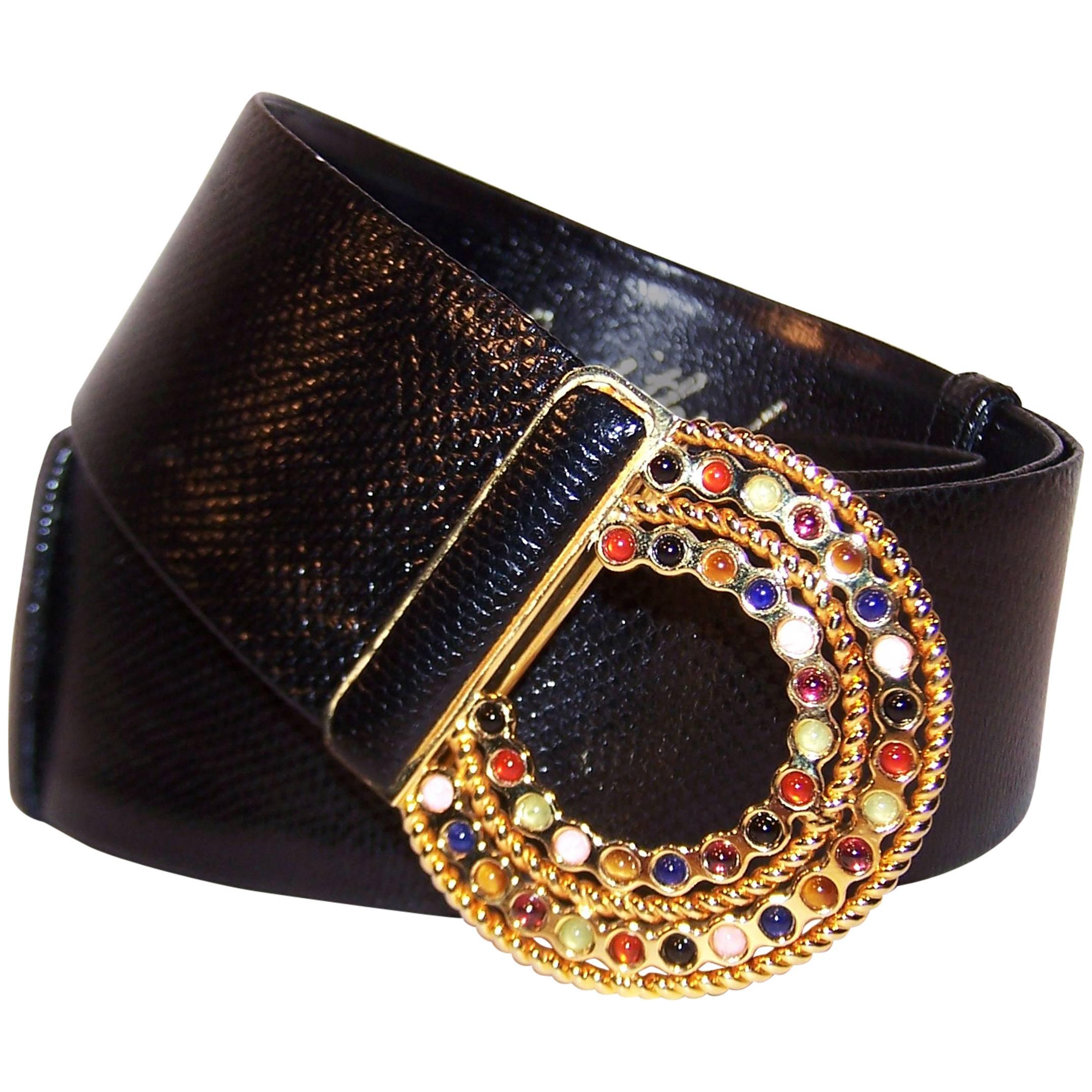 C.1990 Judith Leiber Black Lizard Belt With Cabochon Bejeweled Buckle
