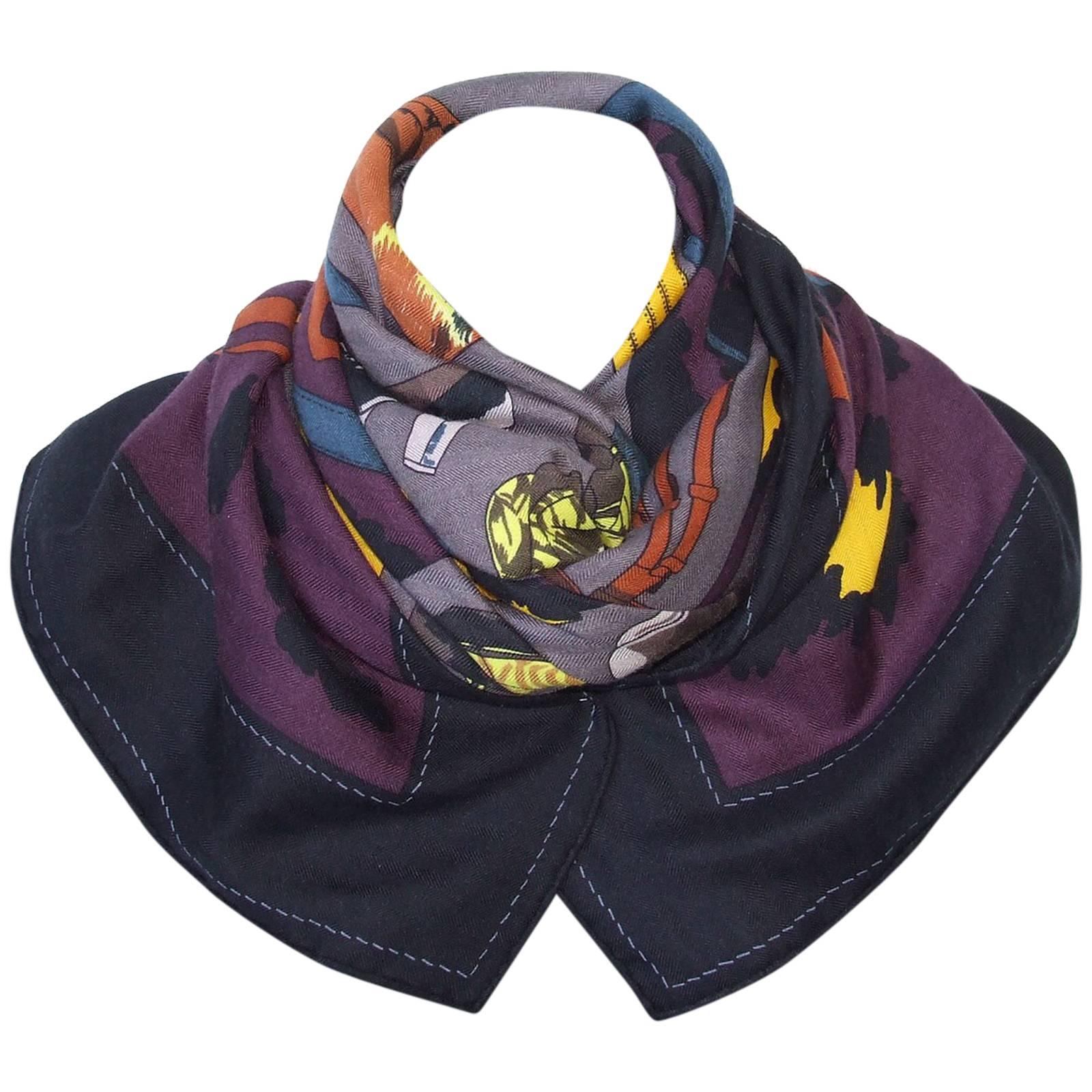 Hermes Cashmere and Silk Shawl Scarf Monsieur Madame Noir Etoupe 55 inches