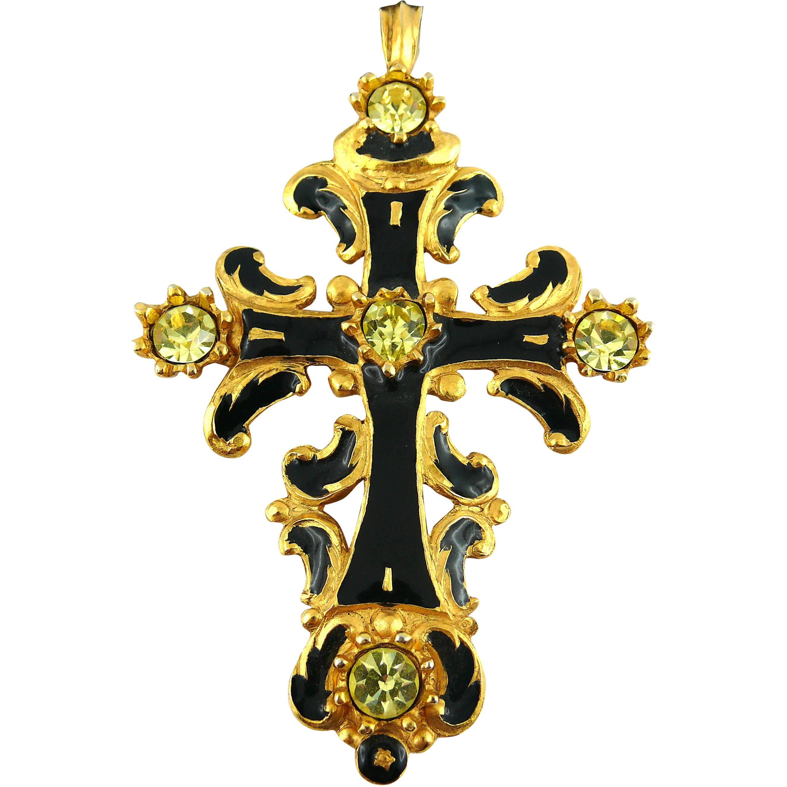 Christian Lacroix Vintage Baroque Jewelled Enamel Cross Pendant Necklace