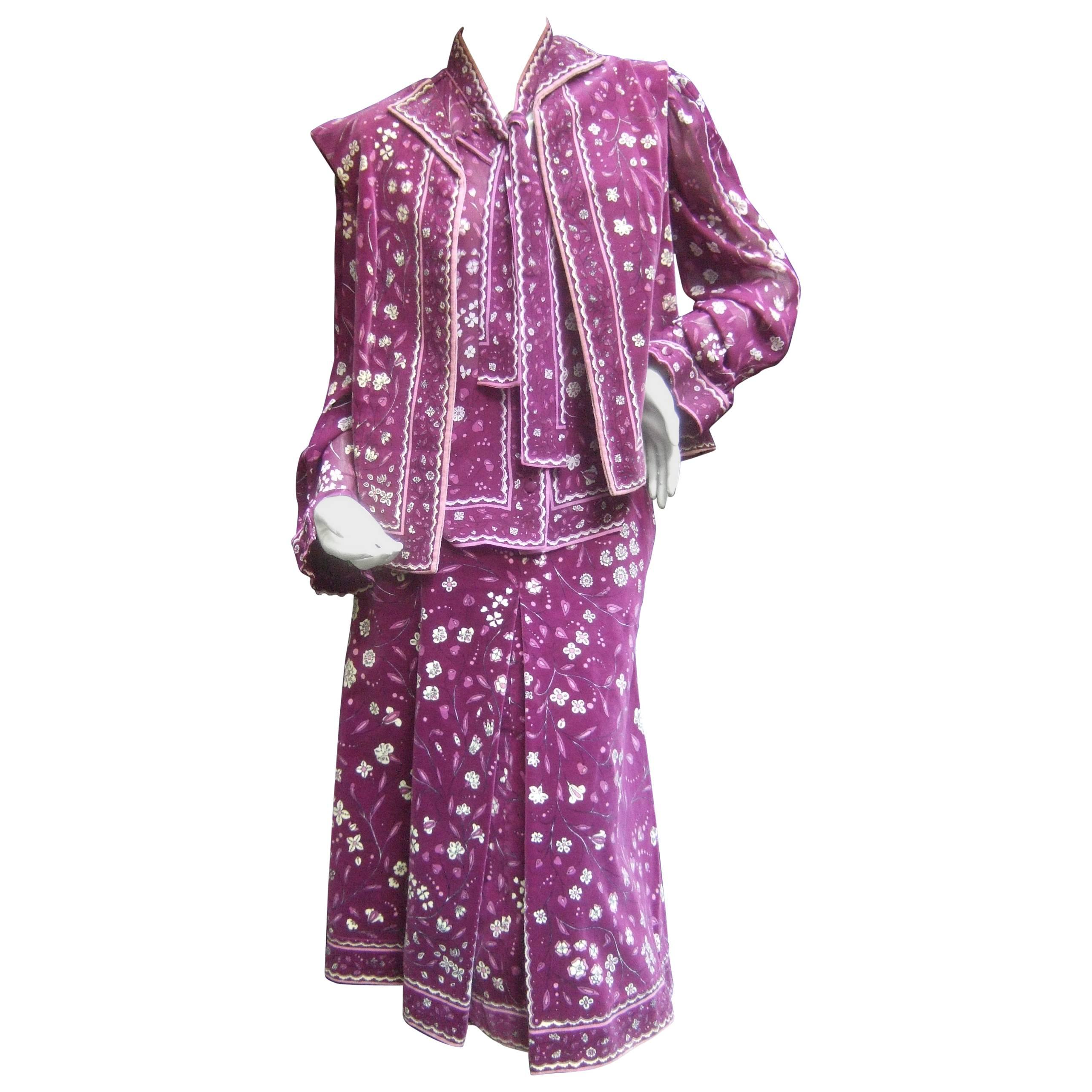 Emilio Pucci Purple Floral Silk & Velvet Ensemble c 1970 For Sale