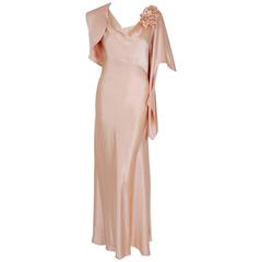 1930's Champagne-Pink Silk Floral Bias-Cut Applique Gown & Asymmetric Bolero