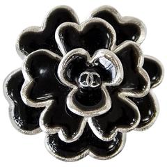 CHANEL 03C Pin Brooch Camelia Camellia Black Enamel Edged Silver