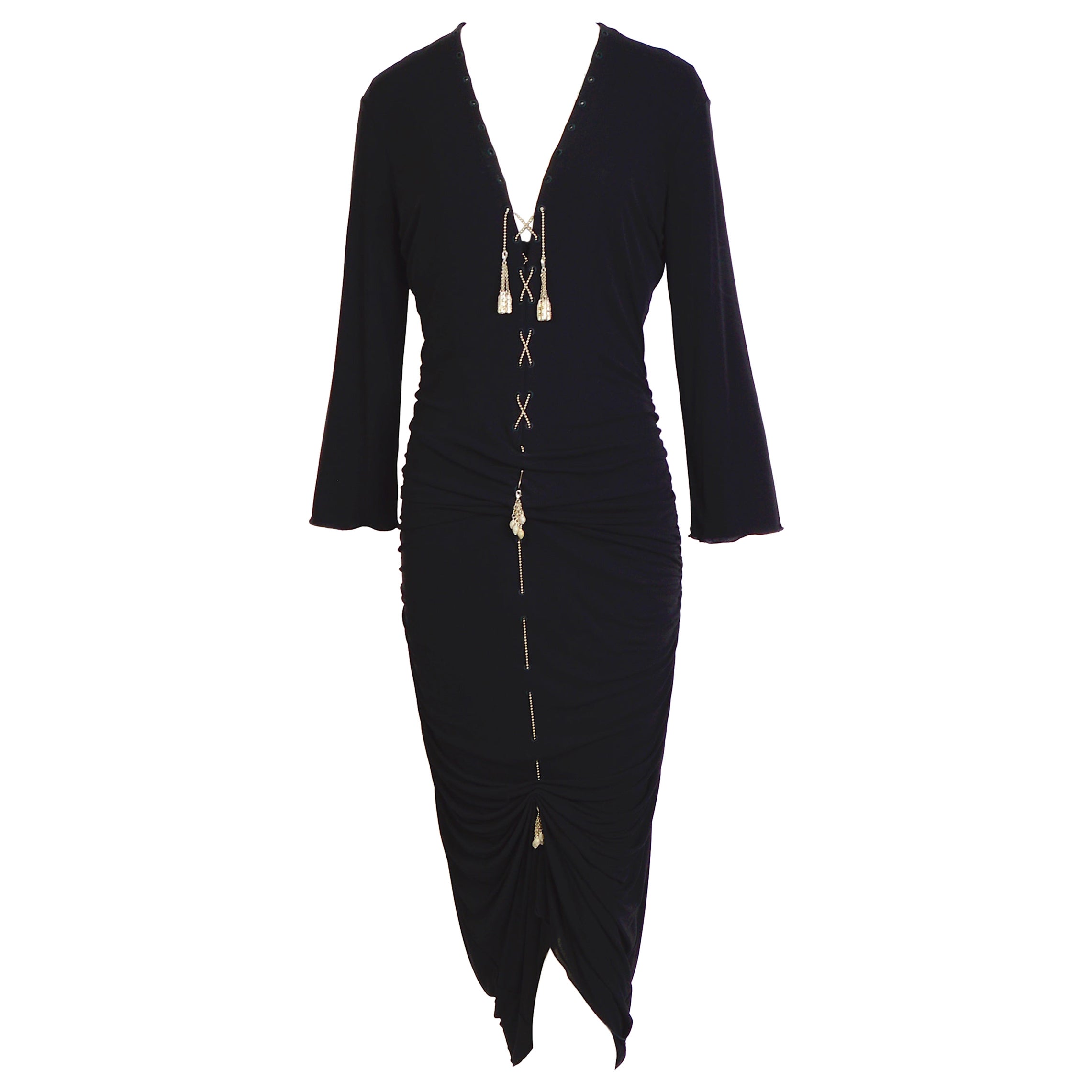 Jean Paul Gaultier 1990s vintage metal chain lace-up black draped jersey dress For Sale