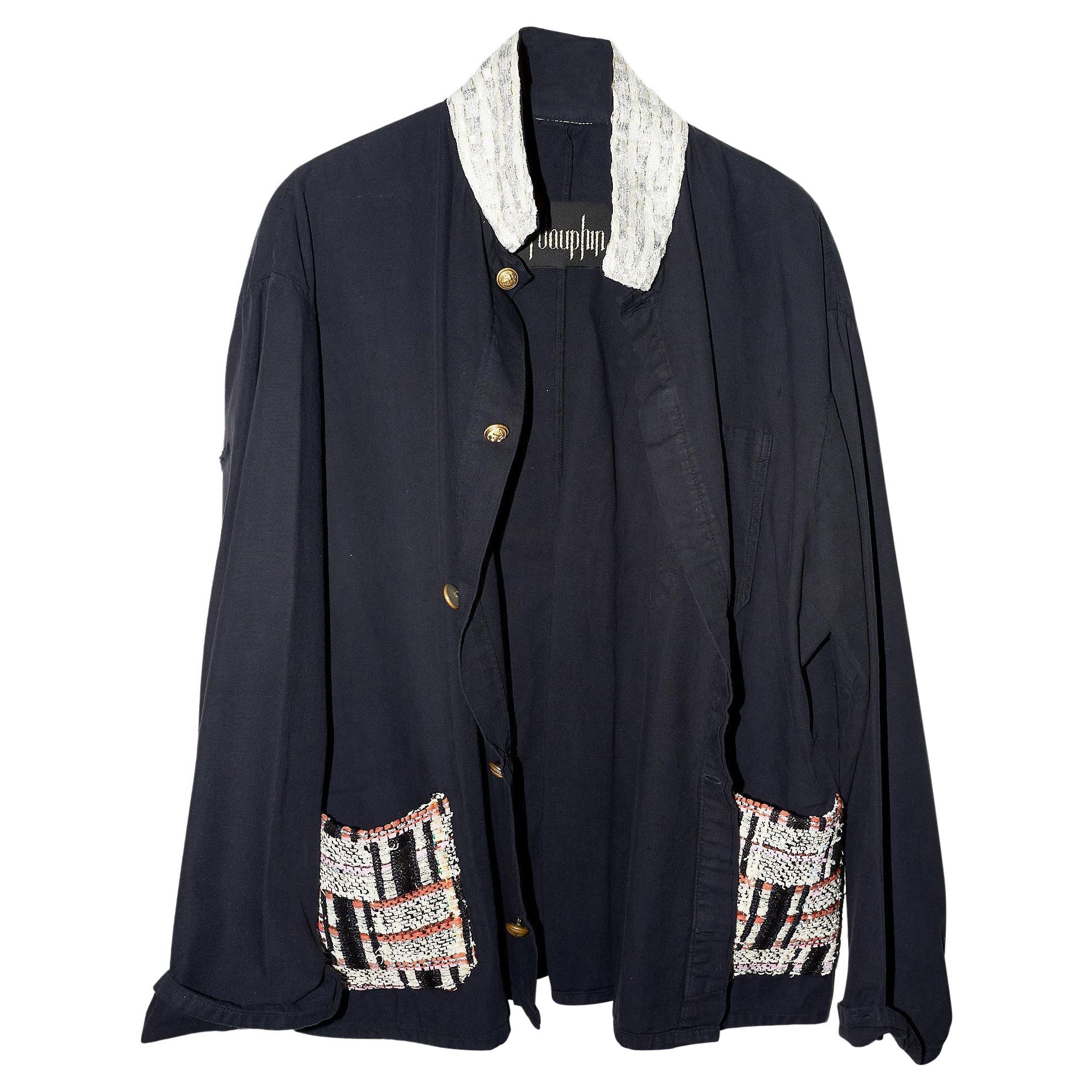 Black Cotton Jacket Lurex Multi Color Tweed Large France J Dauphin