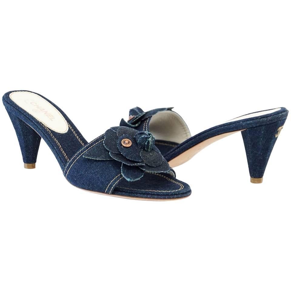 CHANEL Shoe Blue Jean Denim Camelia Camellia Mule  37.5 / 7.5 