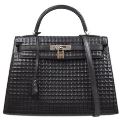 HERMES Kelly 32 Sellier Black Everdeutch Leather Palladium Hardware Handle Bag